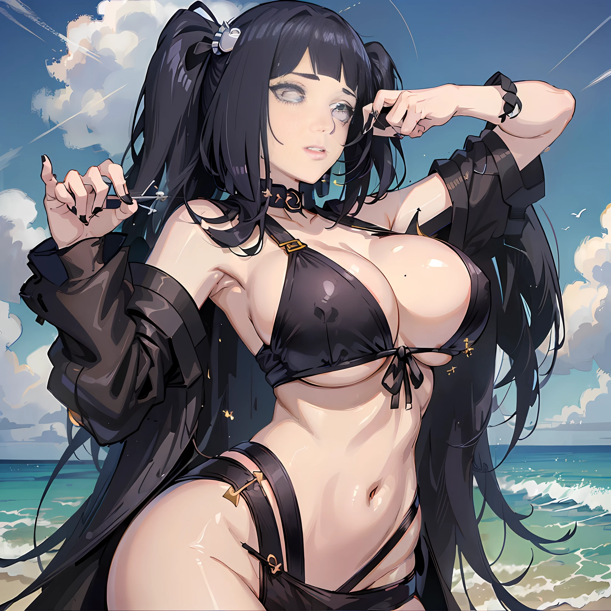 (masterpiece:1.4, best_quality), masterpiece_illustration, simple_background, sharp_focus, beautiful_detailed_eyes, beautiful_detailed_eyelashes, outline, ((beach, outdoors)), 1girl, solo, seductive_smirk, white_eyes, black_hair, long_hair, very_long_hair, ((twintails)), bangs, hair_ornament, hairclip, sleeveless, breasts, gigantic_breasts, cleavage, black_bikini, multi_colored_nails, nail_art, nail_polish, navel, thighs, skindentation, nicoledemarazzz,((Hinata Hyuga)), lubricant skin, groin area, thicc thighs, oily skin,(((((best relationship between four fingers and thumb)))))