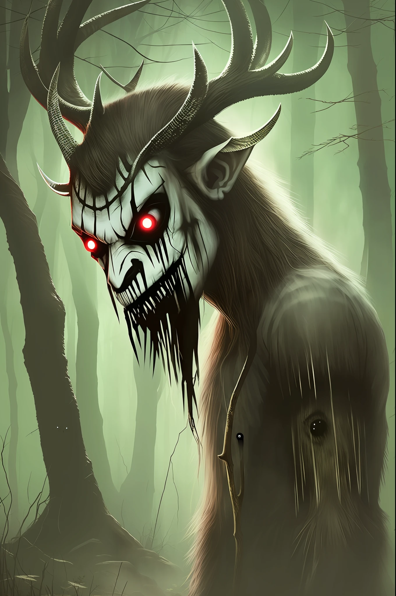 A creepy forest, creepy creature، ((the wendigo))