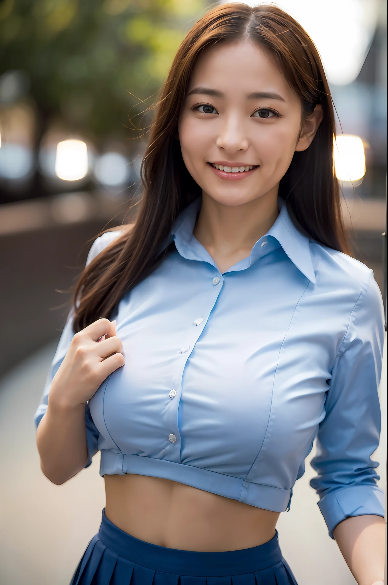 1girl, happy, smiling, (at street:1.2), ((office uniform:1.2)),night, RAW photo, (photorealistic:1.37, realistic), highly detailed CG unified 8K wallpapers, looking at viewer, (((straight from front))), (HQ skin:1.8, shiny skin), 8k uhd, dslr, soft lighting, high quality, film grain, Fujifilm XT3, ((upper body:1.6)), (professional lighting:1.6)