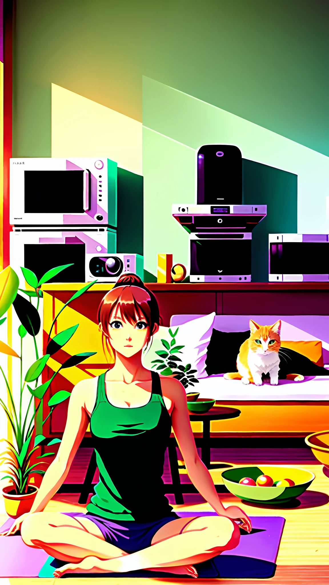 Young beautiful woman sitting on mat practicing yoga, woman facing the camera, looking at the camera, delicate face, yoga pose, sitting posture, yoga meditation pose, sitting cross-legged, perfect dynamic pose, cat on sofa, in the room, refrigerator, range hood, sweeping robot, potted plants, plants, table, microwave donkey, baked high detail, super detail, super high resolution, award-winning work, masterpiece, anime background art, Japanese art style, beautiful anime scenery, fantastic, beautiful artwork illustration, landscape art detail, Landscape artwork, beautiful anime scenes, anime scenery, high quality detail art, anime landscape concept art, beautiful scenes