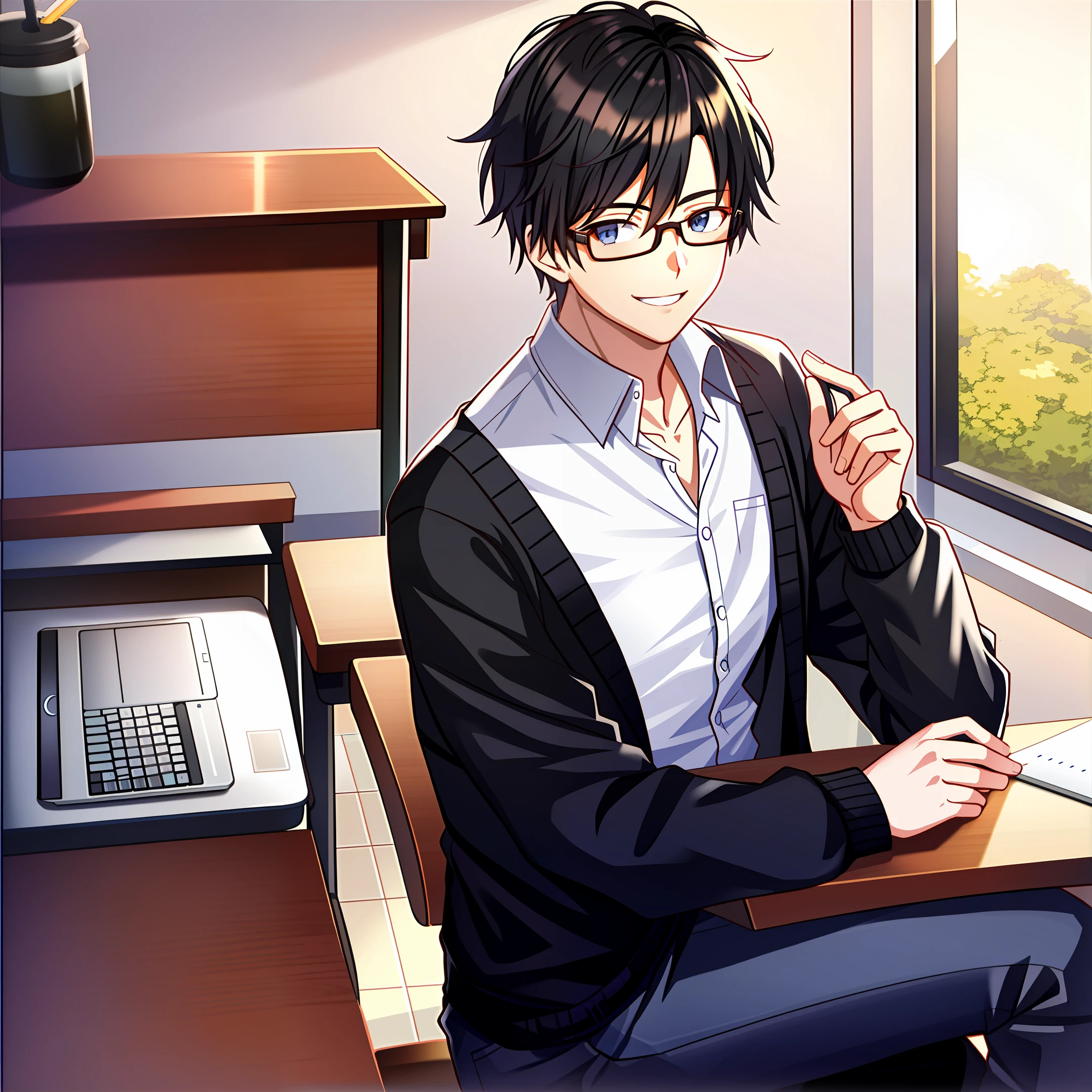 1 boy, glasses, smile, shirt, sitting in front of laptop pc, coffee shop, black cardigan, manga