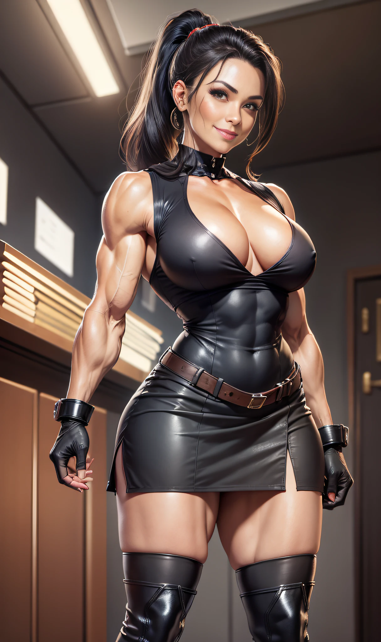 Quality face, mature woman, smile, pheromones, married woman, muscular bone, Hercules, muscular arms, blood vessels, muscular thighs, small bust, armpital hair, tall stature, full body, black god, ponytail, office lady uniform, sleeveless, long skirt below the knee, black long boots, president's office