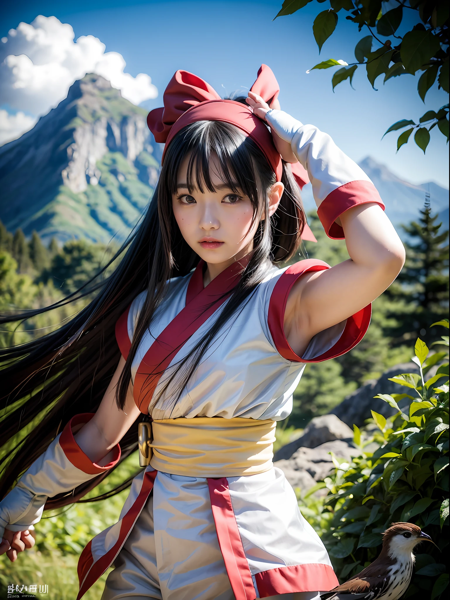 masterpiece, Best quality,1girl, red bow, bow, long hair, hair bow, Ainu clothing, Solo, Hair band, Bird, Black hair, Fingerless gloves, Short sleeves, Gloves, Sash, Pants, Bangs, Red hair band, Weapon, Chest, Brown eyes, White trousers, Japanese clothing, Nakoruru, Armpits, Light smile, Official art, Good composition, Official pose, Detailed portrait, Portrait, Bokeh, Clouds and mountain background, Samurai, Onmyoji style, high resolution, Dramatic lighting and shadows, sun flares, blurred foreground