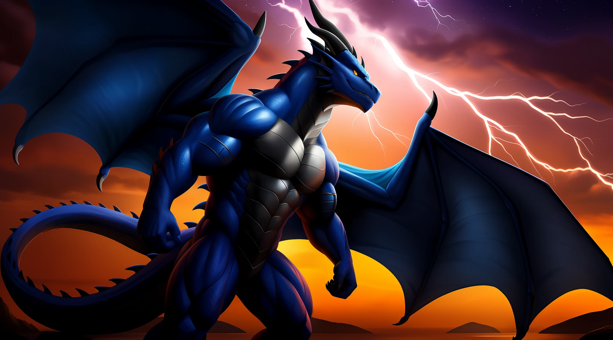 A single dragon man with a yellow-eyed black dragon standing under the stars, anthropomorphic dragon, black dragon, as anthropomorphic dragon, giant monster dragon monster, muscle dragon man, man and dragon fusion, anthropomorphic dragon, realism, epic, lightning pattern, wings, high resolution, photo realism, soft shadows, happy look, good anatomy, detailed face, (eyes: 1.1), (detailed eyes: 1.1), (detailed), (masterpiece: 1.2), (sports)