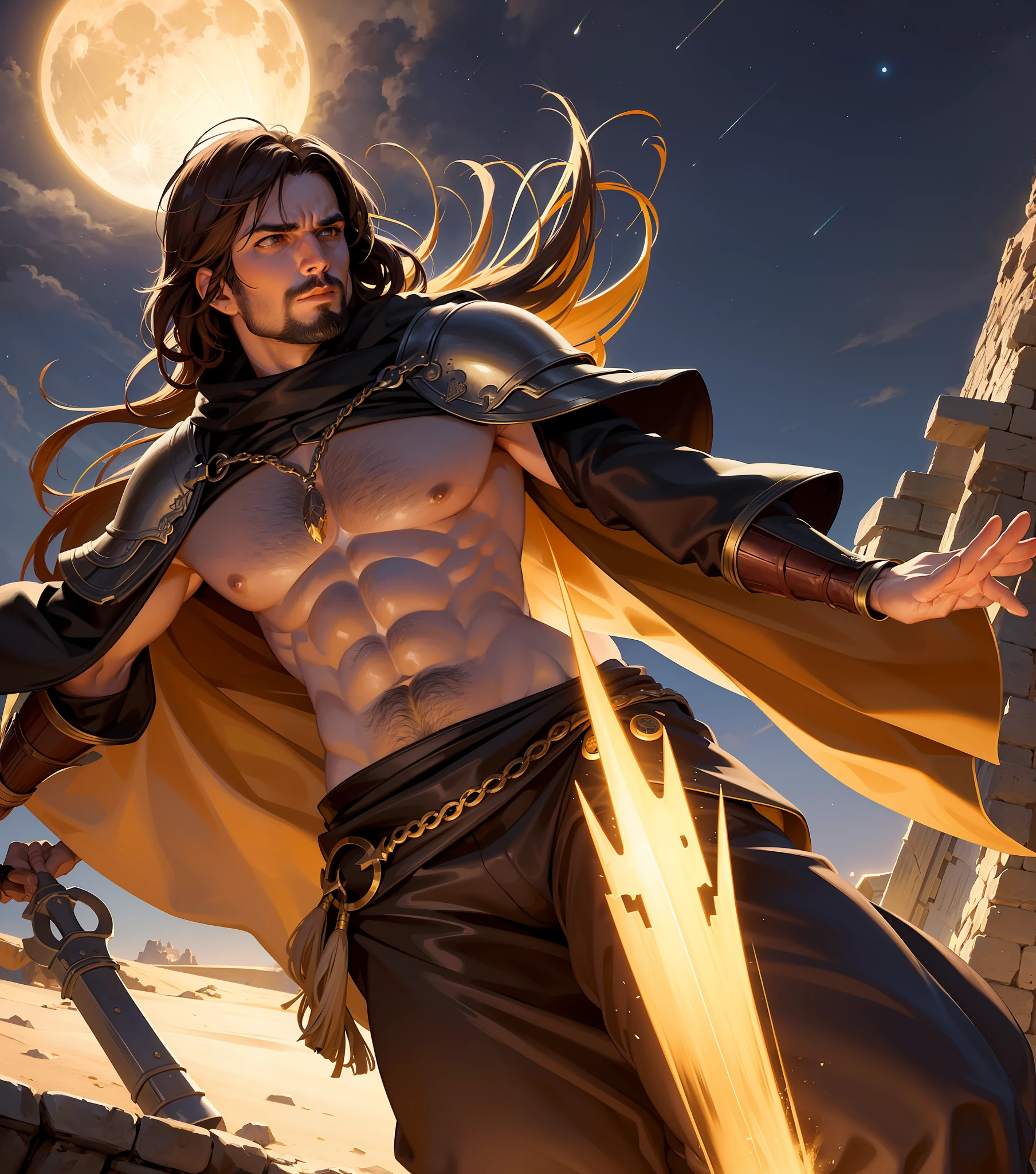 A warrior man ,wearing game of thrones clothes,large fatty body,(covered, masterpiece, ultra high res, photorealistic, 4k,detailed face,full body,dark yellow clothes,hand on, perfect breast,large abs,hold power red sword smooth lighting,legs opened wide),in roof of ancient Pharoah tower at night,(night:1.4),light pulb,large brown shinny moon behind,(seductive look at camera,((body ascending in air with 2 arms beside chest)),((male:1.4))