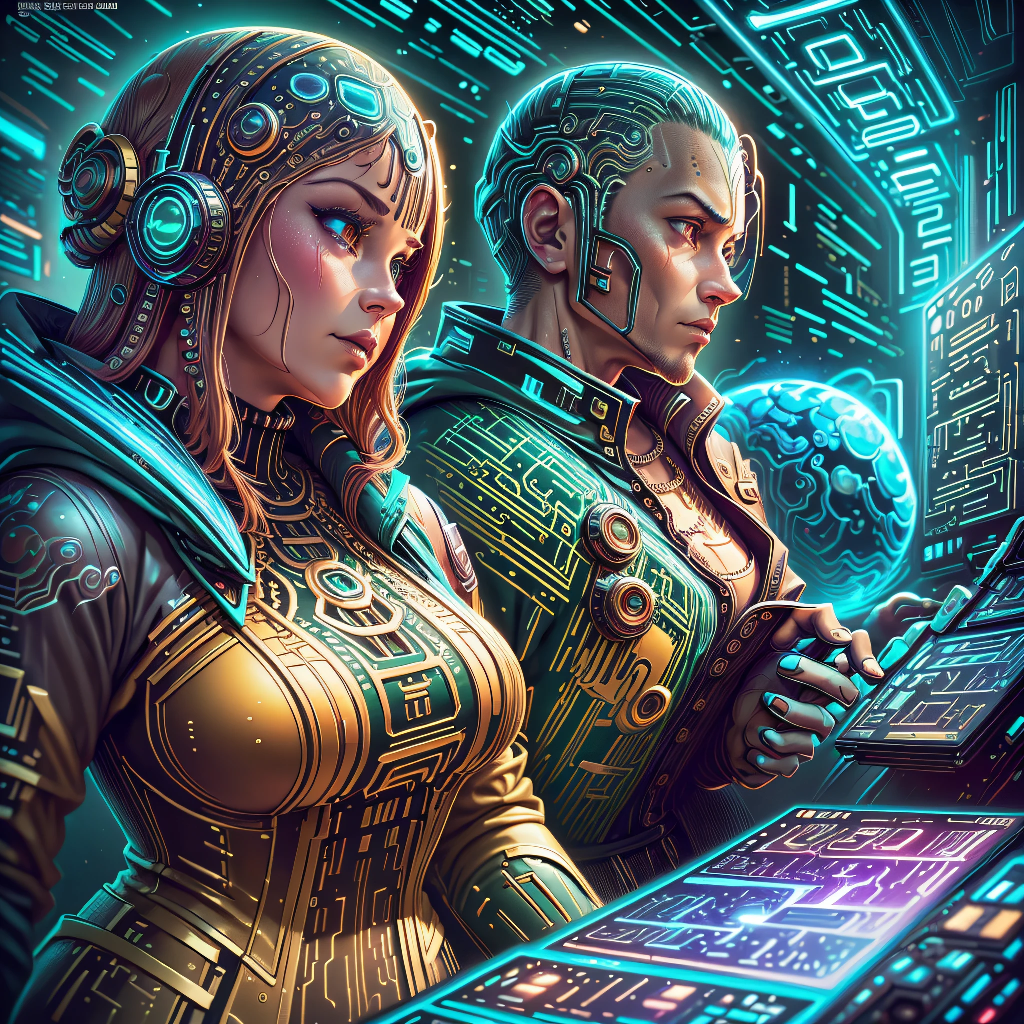 Shoppers buying some items, Cybernate, Soul, Dawnwave, Transistorpunk, Lobsterpunk, Earthcore, Mandelbulb, League of Legends, Comic book cover art, Graphic novel cover art, posed shot portrait, profile shot portrait, Octane render, mind-blowing detail, ornate detail --auto --s2