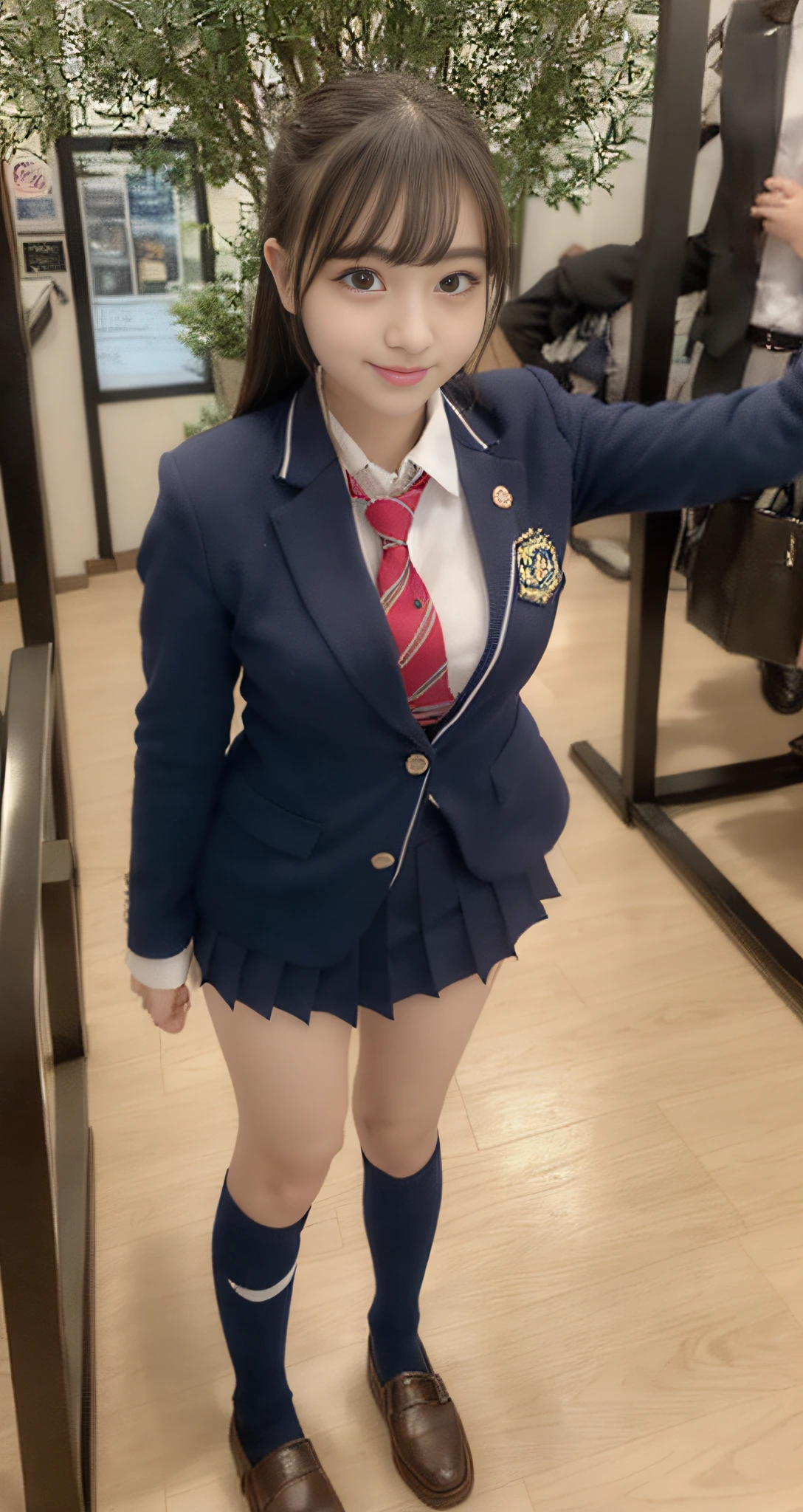 Young woman in school uniform poses for photo, girl in uniform, Japan school uniform Japan girl wearing school uniform, JK school uniform, surreal schoolgirl, wearing school uniform, wearing school uniform, shot with Canon 5D Mk4, shooting with Canon EOS 5D Mark IV, high school girl in principal uniform, close-up of one woman, 35mm masterpiece, vivid detail, super detail , realistic skin texture, live action, super high quality, navy blue blazer school uniform, navy blue pleated mini skirt, navy blue high socks, dark blue high socks, brown loafers, knee with high socks, smile, beautiful face, beautiful Japan woman, 18 years old, idol class cuteness, beautiful girl, full body shot, standing, bus stop, beautiful thighs, beautiful legs, beautiful high school girl, fiercely cnee little boy, innedaytime Knees out, healthy inner thighs, bare legs between skirts from knees, socks from below the knees, natural light, outside