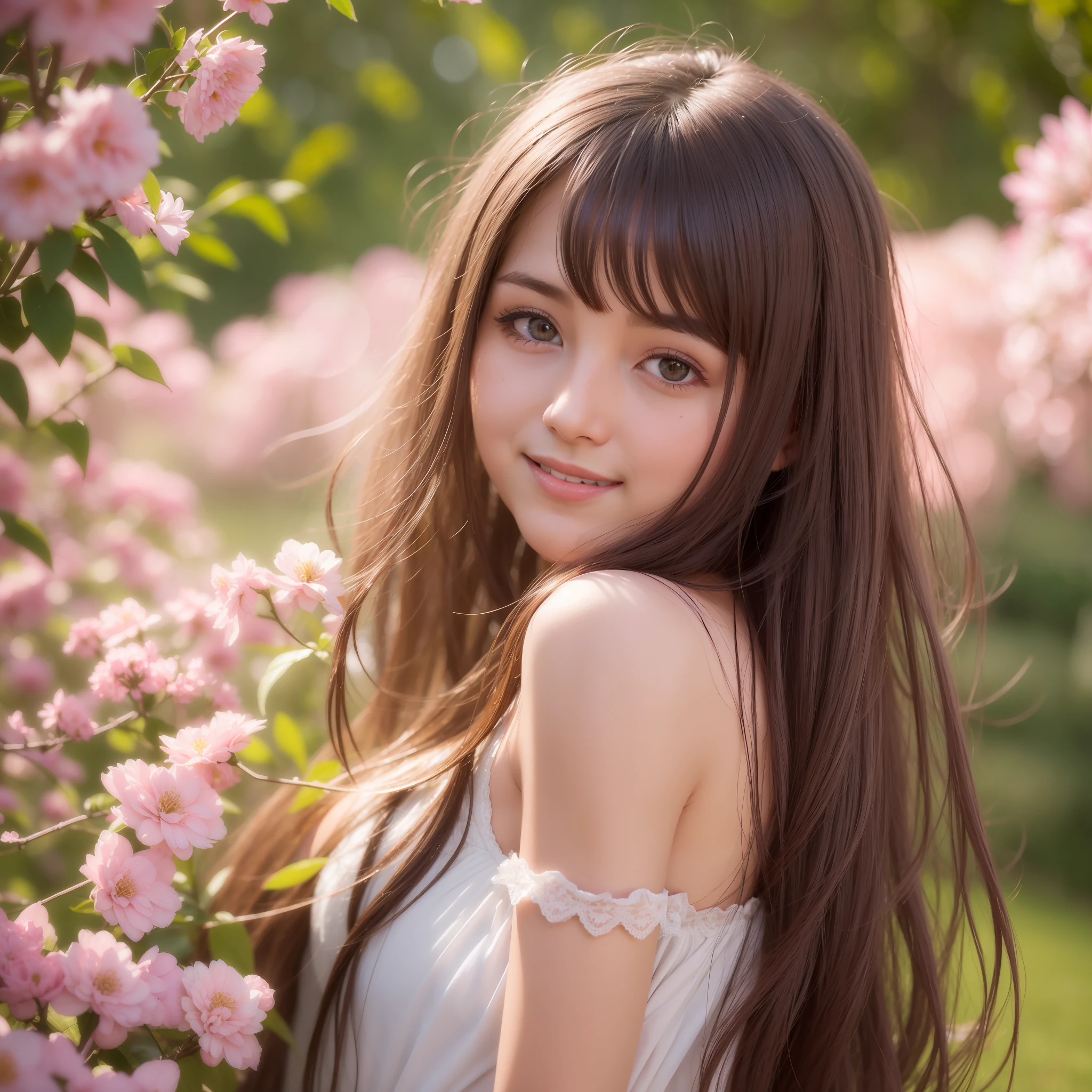 (dreamy and soft), (warm and vibrant), (beautiful girl:1.2), lush garden, blooms in full swing, charming smile, flowing hair, vibrant clothing, bokeh, backlit, shallow depth of field.