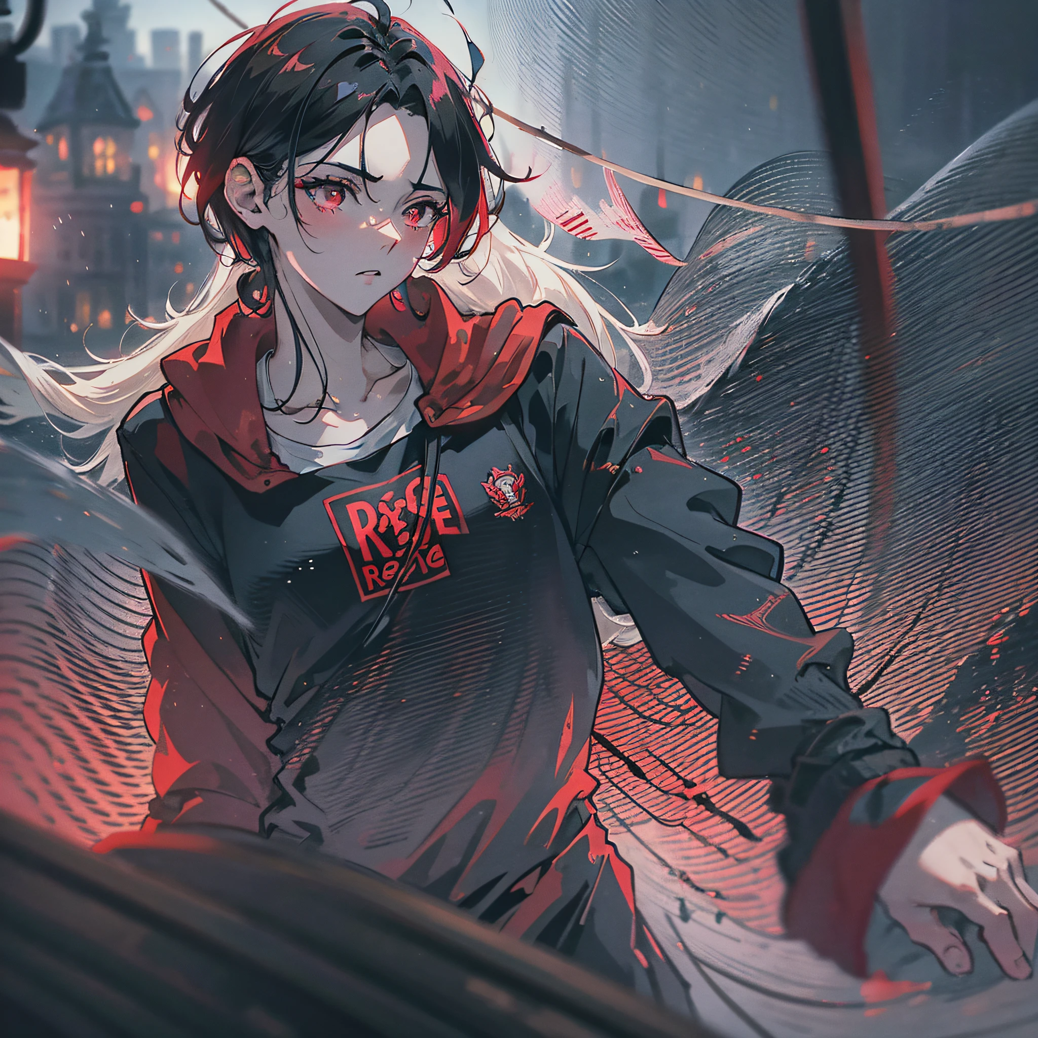 A beautiful and delicate boy, (indifferent), (expressionless), red eyes, short hair, black coat, red T-shirt, leggings, sportswear, sitting in the Tarzan cable car, descending the cable car, (red weird black sky), (a lot of fog around), (eerie), a lot of people around, top CG, highest quality, during the day, correct proportions, perfect composition, high quality details, front --auto --s2