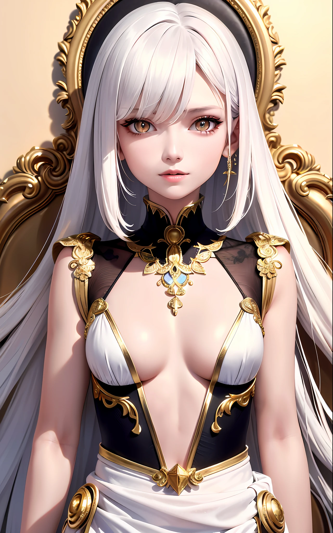 Superb and masterpiece, high resolution, best quality, UHD, super detail, award-winning, 16k, upper body, a beautiful girl, white hair, ((golden eyes)), hanging eye corners, various white clothes, hair, fair skin, slender body, small breasts