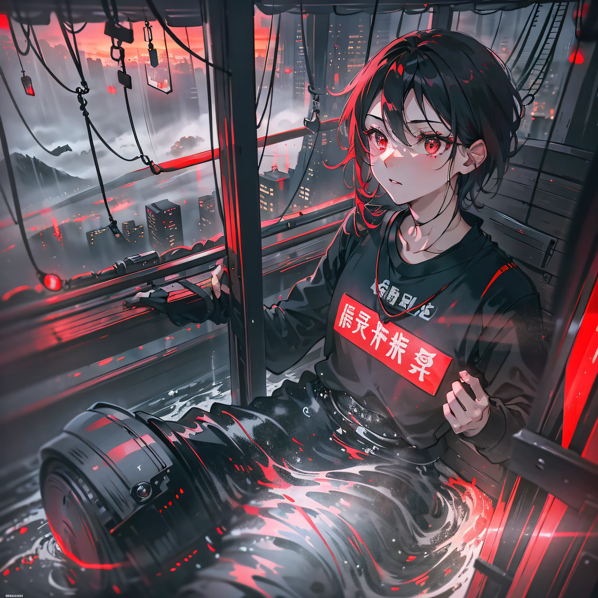A beautiful and delicate boy, (indifferent), (expressionless), red eyes, short hair, black coat, red T-shirt, leggings, sportswear, sitting in the Tarzan cable car, descending the cable car, (red weird black sky), (a lot of fog around), (eerie), a lot of people around, top CG, highest quality, during the day, correct proportions, perfect composition, high quality details, front --auto --s2