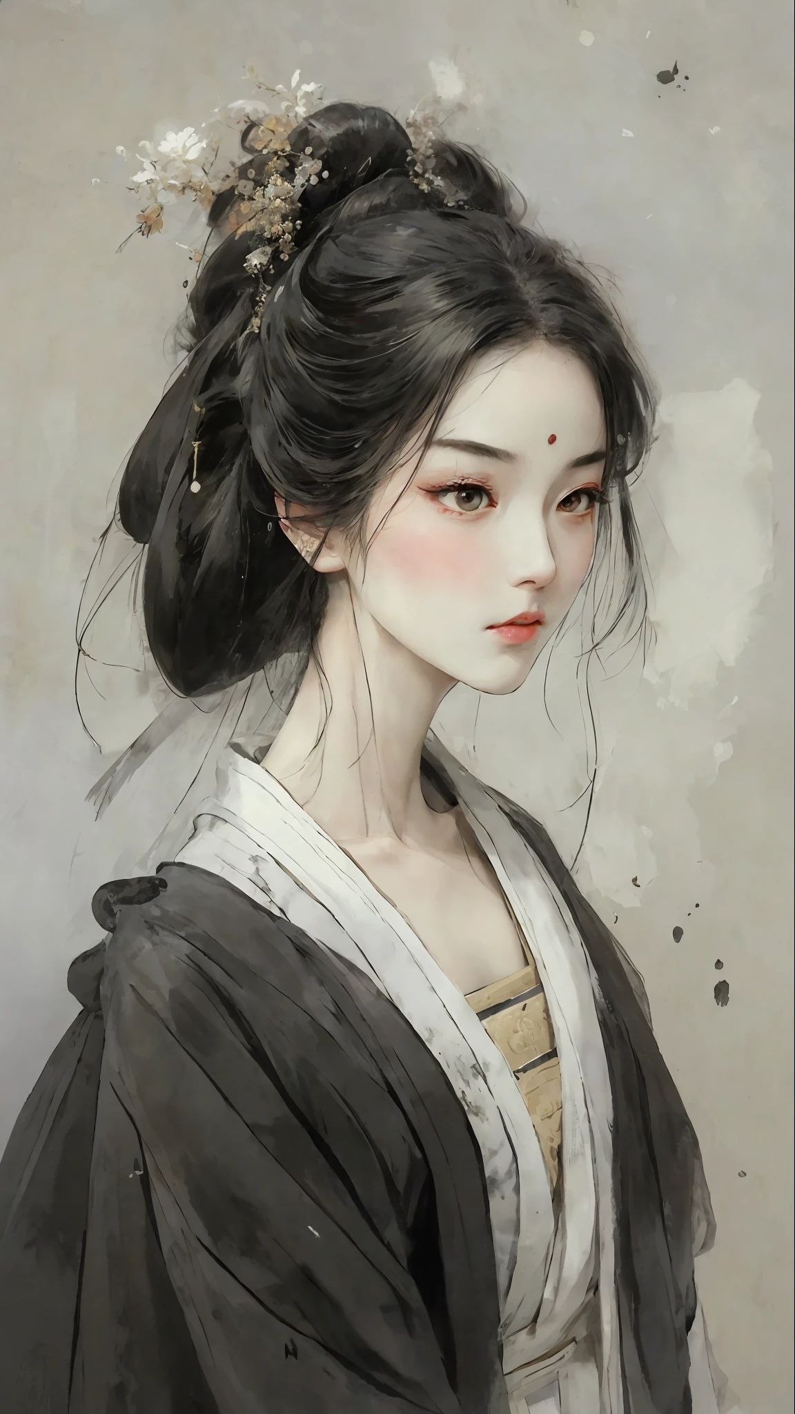 A bust of a woman with black hair and black eyes, a woman, a serious expression, bowed head, Hanfu, white clothes, cold eyes, loose hair, (ink smudging) beautiful character painting, clothing black and white ink style, face delicate color, watercolor, light color, martial arts style, national style, delicate and beautiful face, waist seal, sharp eyes