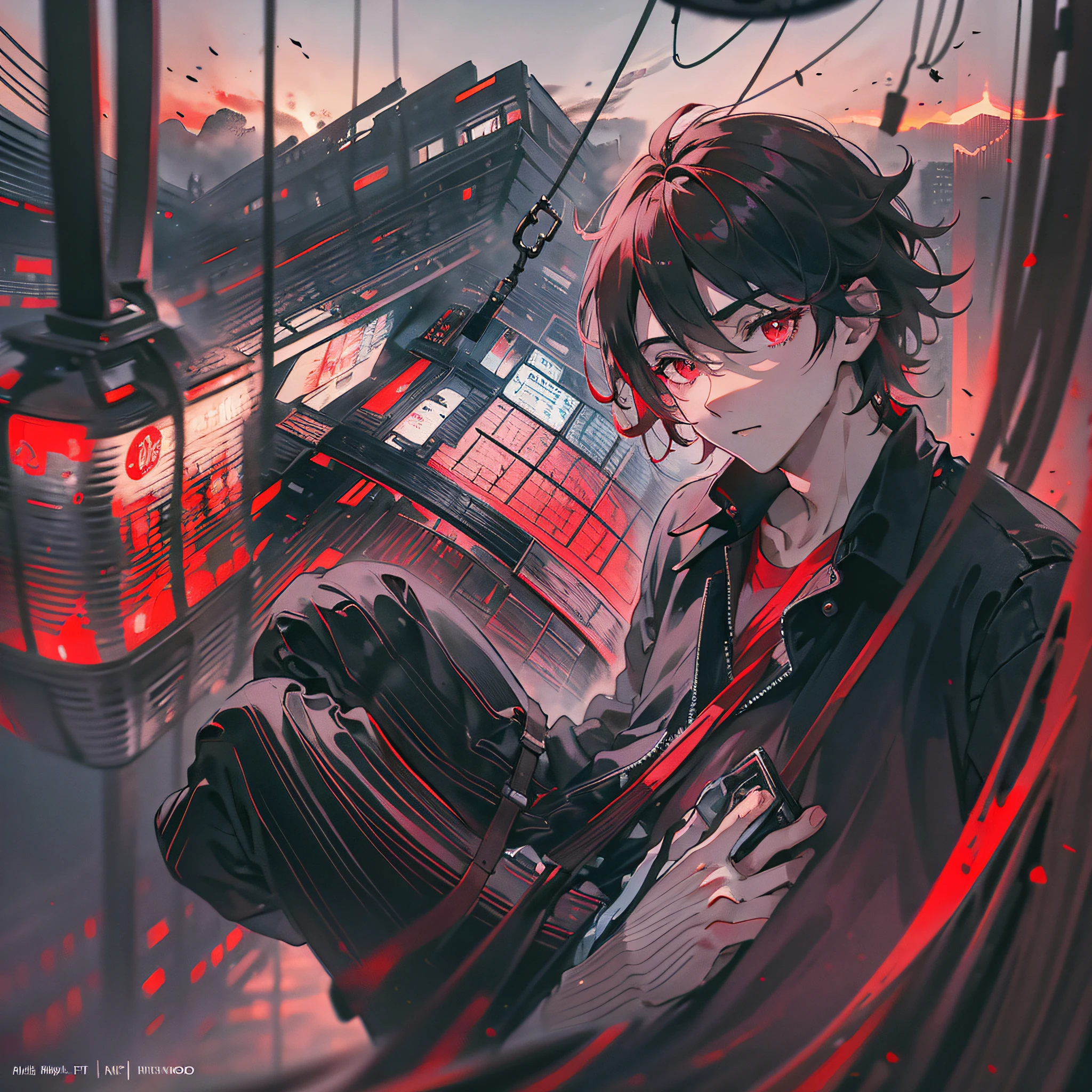 A beautiful and delicate boy, (indifferent), (expressionless), red eyes, short hair, black coat, red T-shirt, leggings, sportswear, sitting in the Tarzan cable car, descending the cable car, (red weird black sky), (a lot of fog around), (eerie), a lot of people around, top CG, highest quality, during the day, correct proportions, perfect composition, high quality details, front --auto --s2