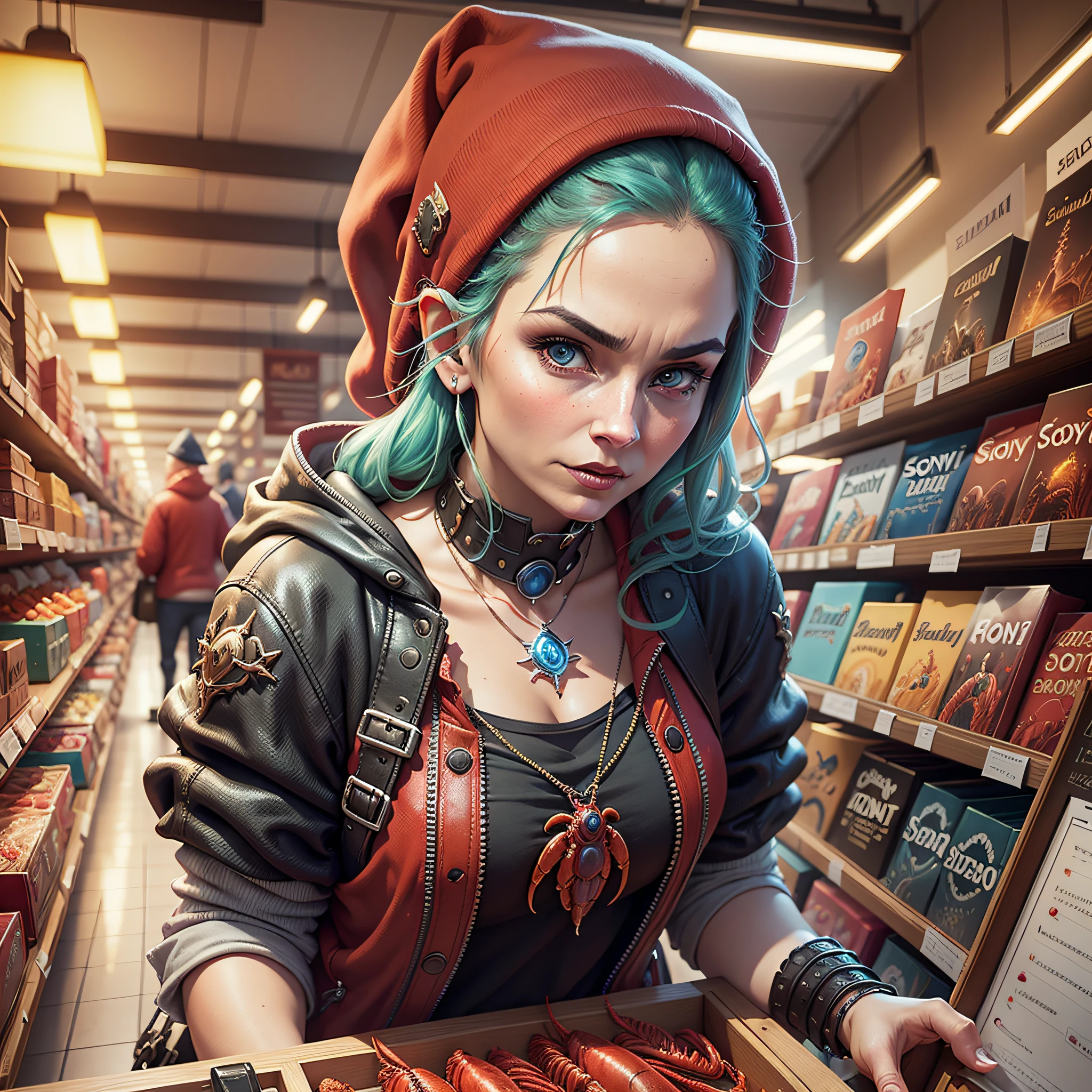Shoppers buying some items, Lobsterpunk, Elfpunk, Rayonism, Diablo 3, Book cover art, action shot portrait, Sony Pictures Animation, thorough detail, 8k, completely real, Mystical lighting --auto --s2