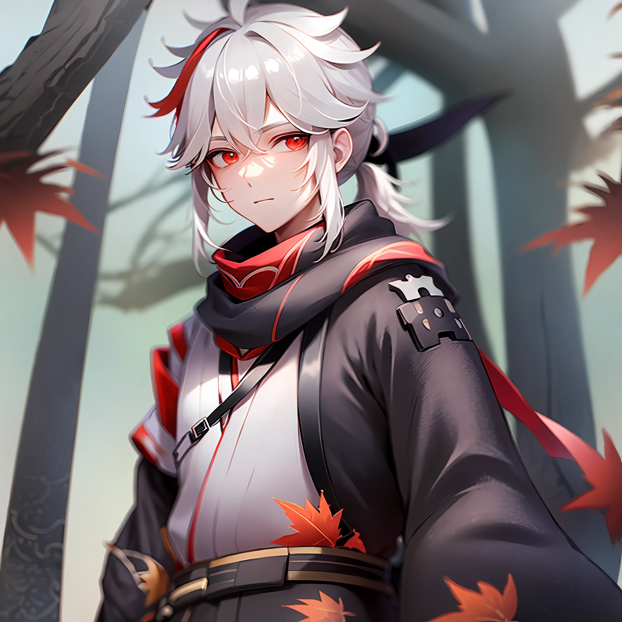 The white hair is tied into a short braid and placed behind the head, and the diagonal underside of the two dull hairs on the top of the head is a red dye with the same color as the pupil. He wears a gray samurai uniform, with only half of the outermost kimono with the right half of the tunic tied around his waist and his right sleeve hanging behind him. Around his neck were two scarves, one black and one red, on which the Eye of God was pinned. A maple leaf is tied around the waist, and the scarf, sleeves, and dark red hakama are all printed with maple leaf patterns. The lower body is wearing red tights and black dangdang, shunen, cute, young, the background is a red maple forest, there are maple leaves falling, 4k, anime.