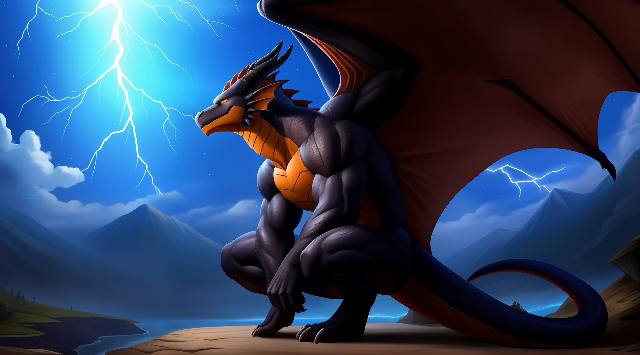 A single dragon man crouched in the air watching, there is a yellow-eyed black dragon crouched in the air looking under the stars, anthropomorphic dragon, black dragon, as anthropomorphic dragon, giant monster dragon monster, muscle dragon man, man and dragon fusion, anthropomorphic dragon, realism, epic, lightning pattern, wings, high resolution, photo realism, soft shadows, happy look, good anatomy, detailed face, (eyes: 1.1), (detailed eyes: 1.1), (detailed), (masterpiece: 1.2), (sports)
