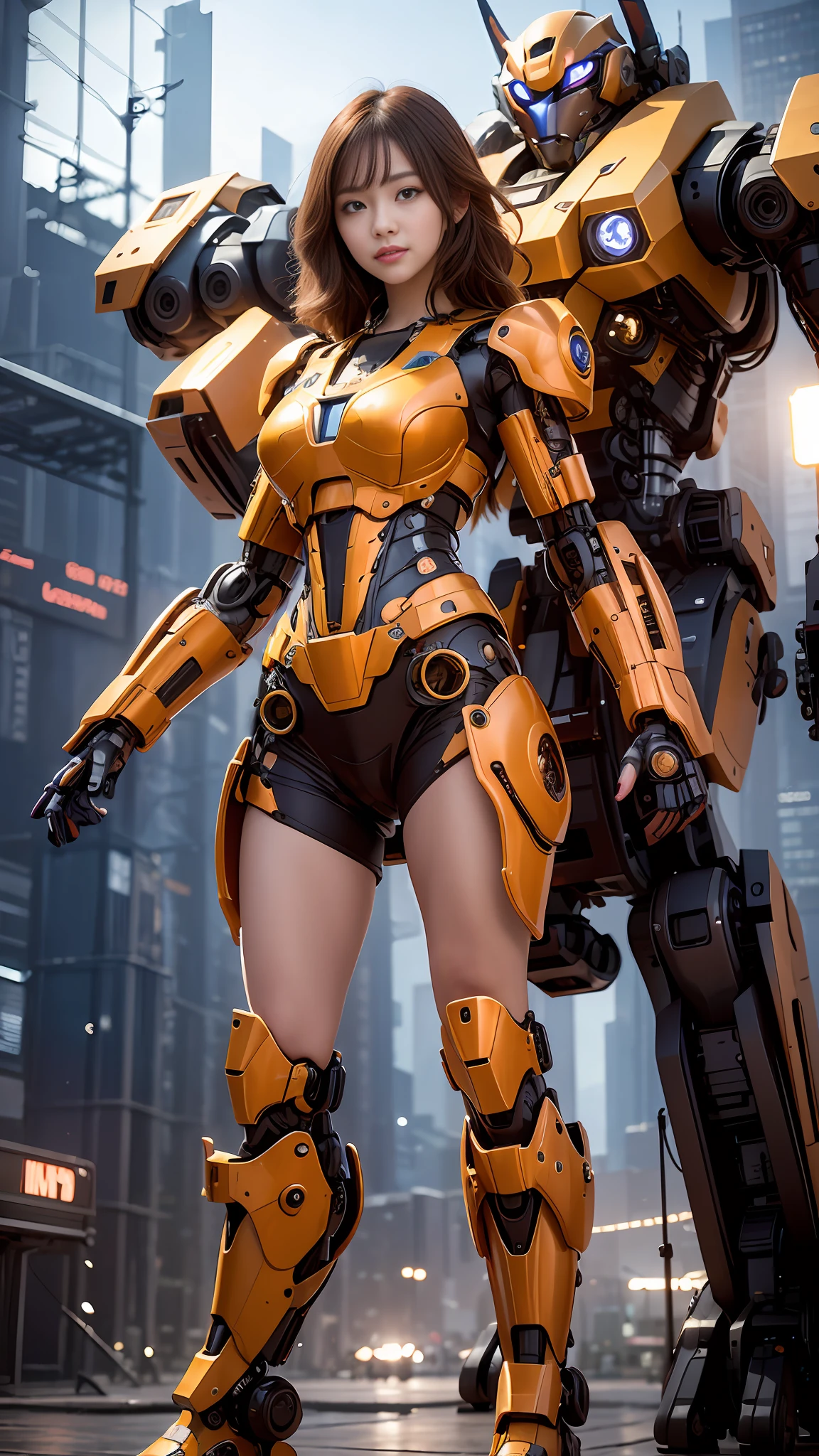Realistic, masterpiece, best quality, colorful, (fine beautiful eyes and detailed face), natural lighting, extremely detailed CG Unity 8k wallpaper, ((masterpiece, best quality)), illustration, ultra-detailed 8K, realistic, clear focus, highly detailed, professional lighting, colorful details, rainbow colors BREAK factory super long shot, large mechanical robot build, microchip, computer, luminescence, intricate details, 1girl standing in front of the audience