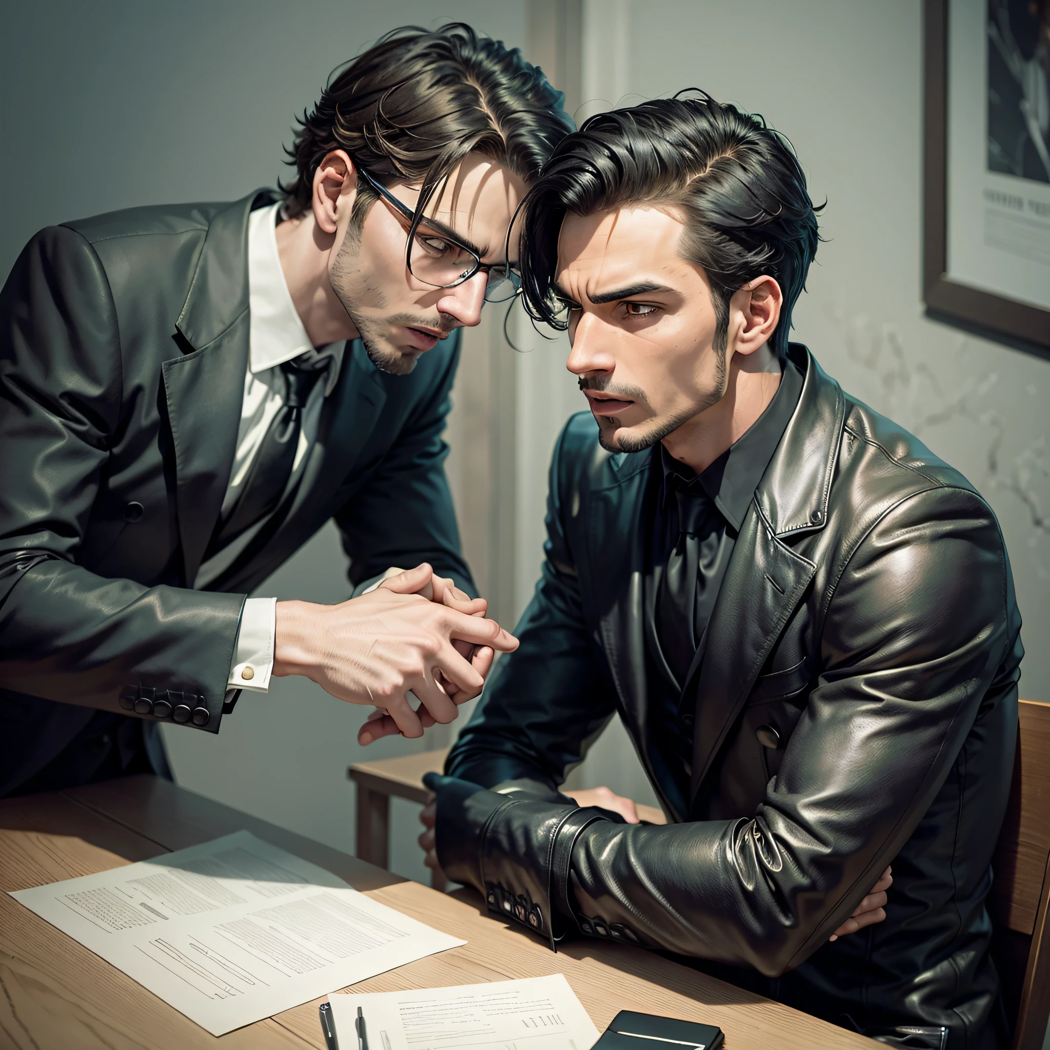 two men arguing on a table, a man in a suit sat across a man in a black leather trench coat, table, dark room, close up, faces