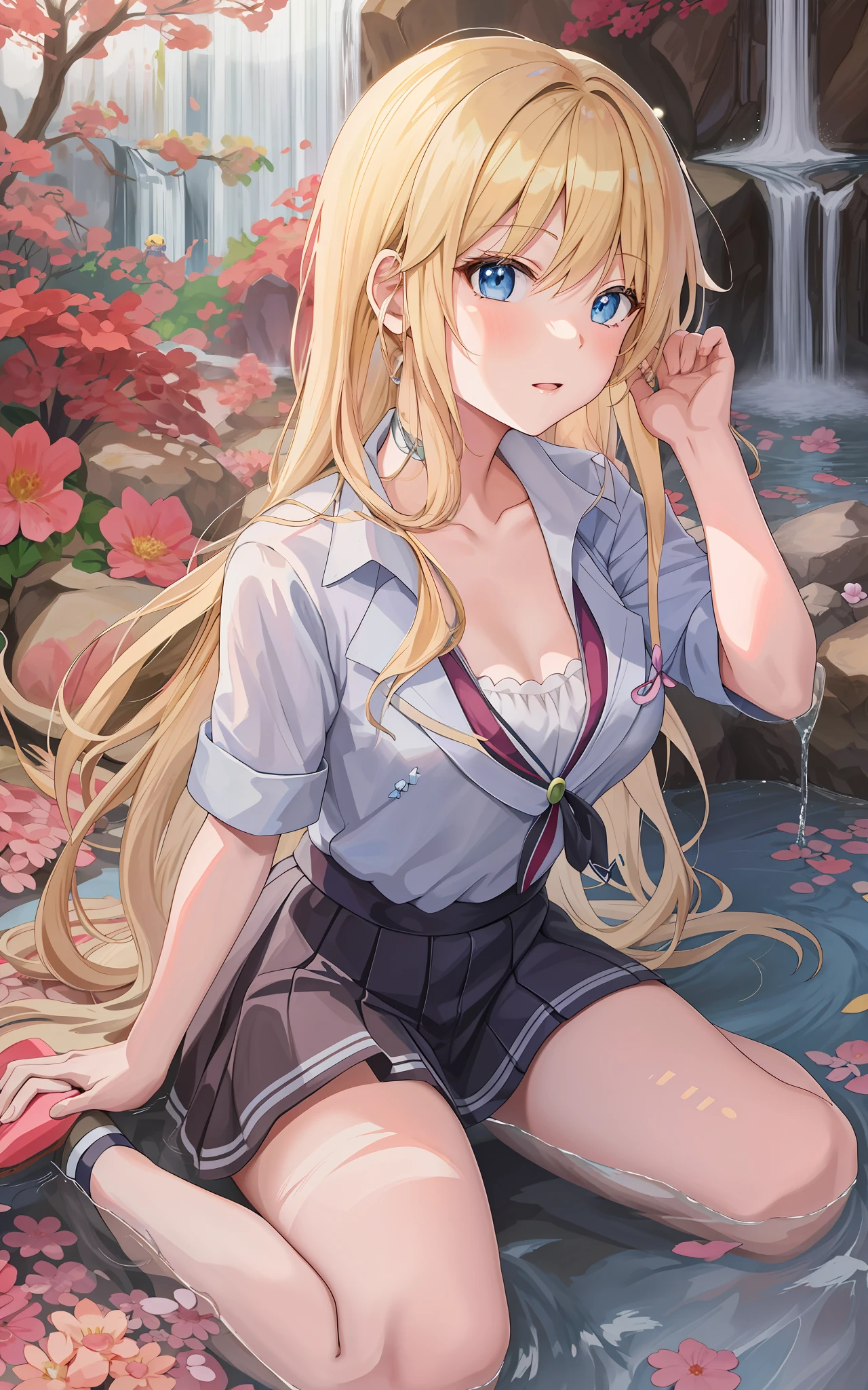 anime girl sitting on the ground in front of a waterfall, seductive anime girl, blonde anime girl with long hair, beautiful anime girl, pretty anime girl, attractive anime girl, beautiful anime high school girl, cute anime girl, splash art anime loli, anime girl, marin kitagawa fanart, beautiful alluring anime woman, small curvy loli, young anime girl