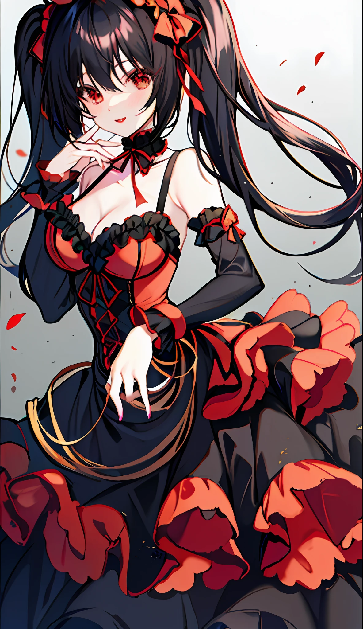 18 years old beautiful girl, masterpiece, top quality, 8K anime, 1 girl, solo, detailed fingers, precise fingers, not unnatural hands, odd eyes, red eyes, cleavage, black hair twintails, kurumi tokizaki,