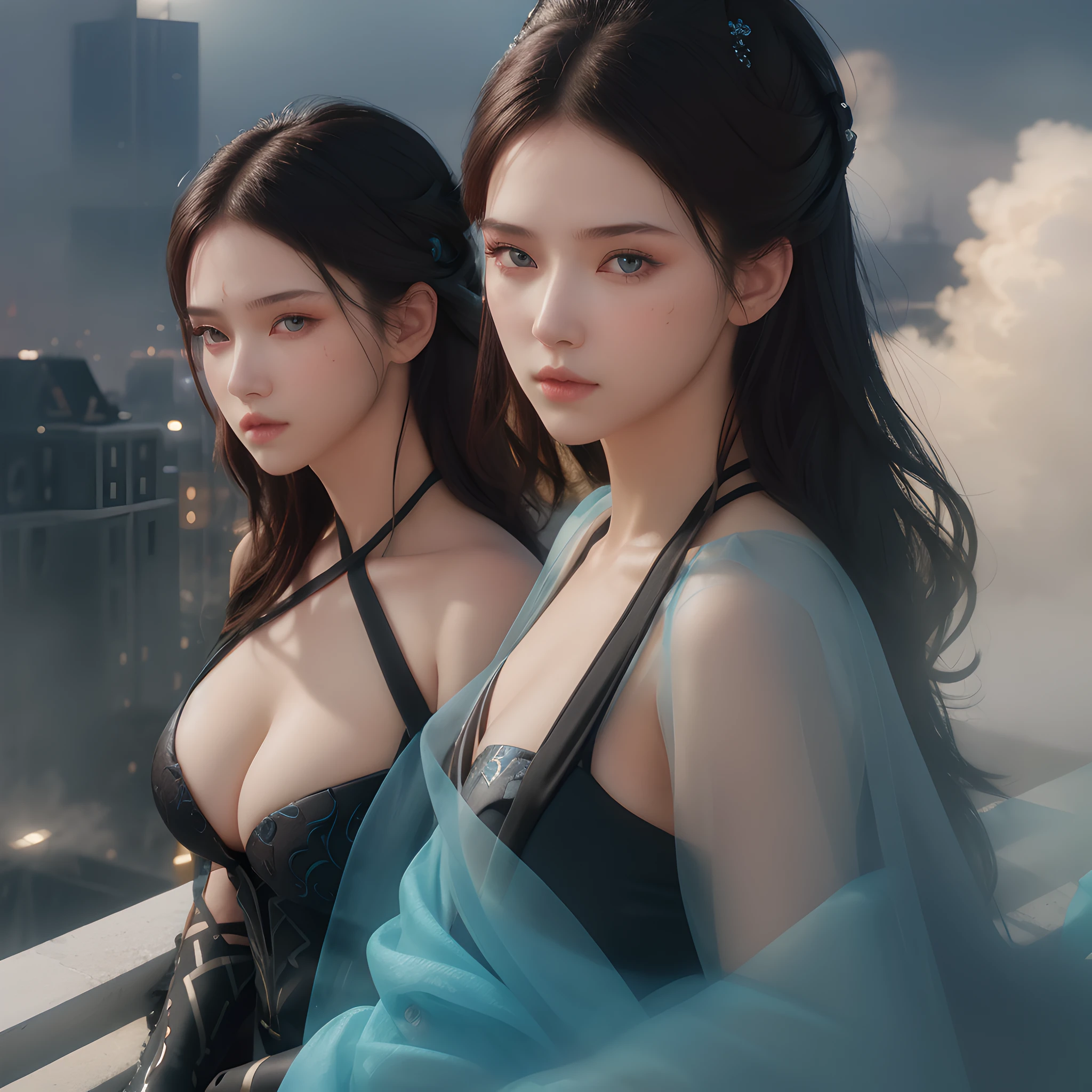 (1girl:1.3), Solo, (((Very detailed face)))), ((Very detailed eyes and face)))), Beautiful detail eyes, Body parts__, ((big )), Unified 8k wallpaper, Super detailed, beautiful , beautiful, masterpiece, best quality, original, masterpiece, super fine photo, best quality, super high resolution, realistic realism, sunlight, full body portrait, amazing beauty, dynamic pose, delicate face, vibrant light color eyes, (from the front), She wears black widow suit, blue and black color scheme, (clevage) , very detailed city roof background, rooftop, overlooking the city, detailed face, detailed complex busy background, messy, gorgeous, milky white, highly detailed skin, realistic skin details, visible pores, clear focus, volumetric fog, 8k , DSLR, high quality, film grain, fair skin, photo realism, Lomography, futuristic dystopian megalopolis,
