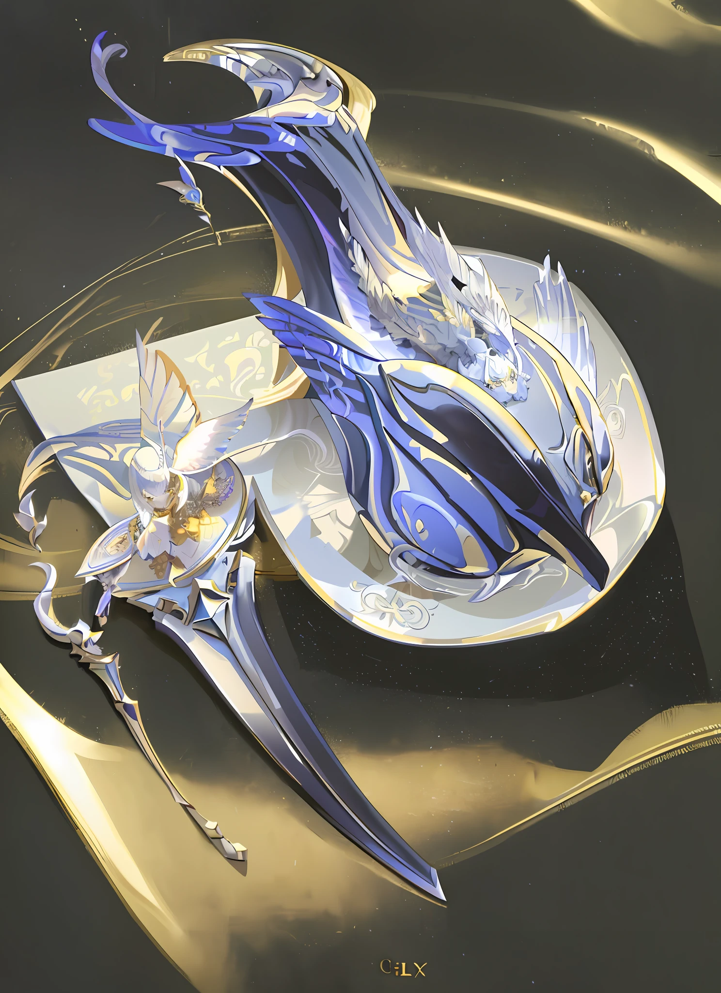 there is a plate with a knife and a plate with a dragon on it, silver gold fractal details, low detailed. digital painting, intricate ornate anime cgi style, hyper detail illustration, ''wallpaper of a phoenix resting, sliver ice color reflected armor, 4 k detail fantasy, gold and silver ink, silver and gold, highly detailed exquisite fanart, glass helmets and dove wings