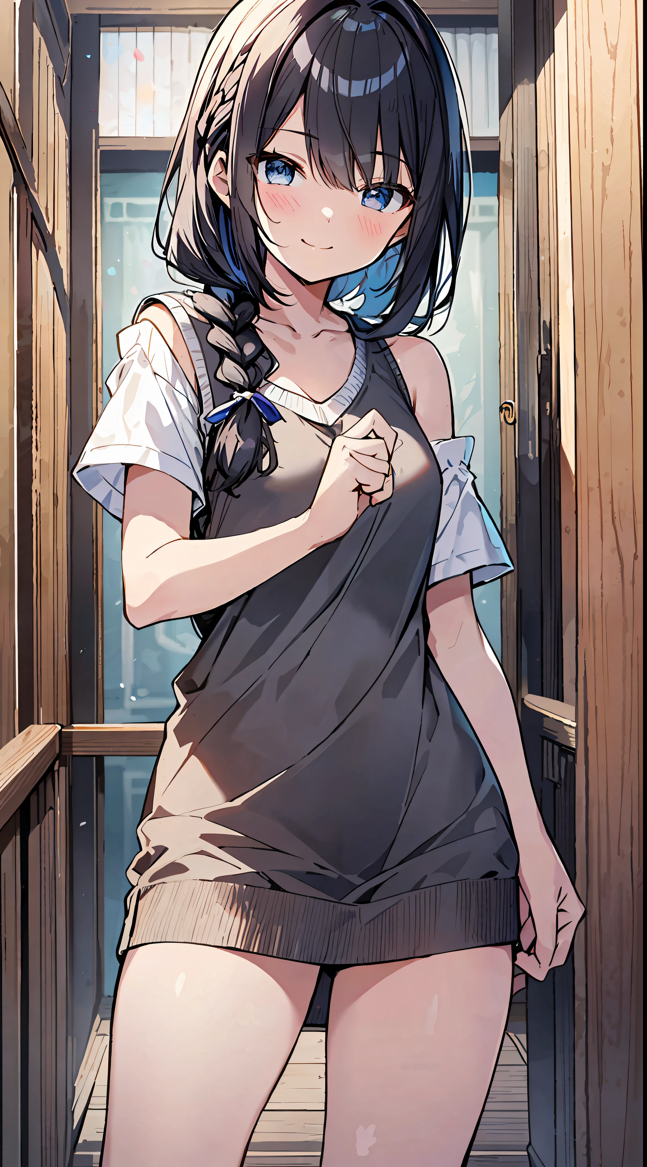 Top Quality, Best Masterpiece, Ultra High Resolution, 8K, White Sweater Vest, Little Loli in Anime Style, Single, Ultra Detailed Line Art, Digital Enhancement, Anime Core, Flowing Fabric, Close Up, ((Hair length to shoulder mouth and short braid)), staring at us from the front, soft drawing, beautiful black hair, Loli, crisp eyes, smiling smile, Ultra-detailed digital anime art, clear face depictions, ultra-detailed anime character art, ultra-detailed manga style, top quality colors, hand gestures, foot-up angles, indoor