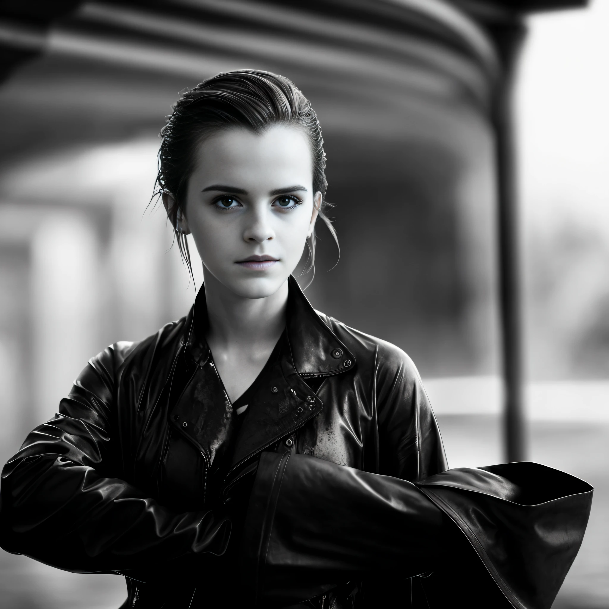 photograph of emma watson, slicked back hair, soaked hair, soaked, beautiful symmetrical face, highly detailed, intricate, sharp focus, 85mm, mid shot, (centered image composition), trending on Instagram, ultra realistic, concept art --auto --s2