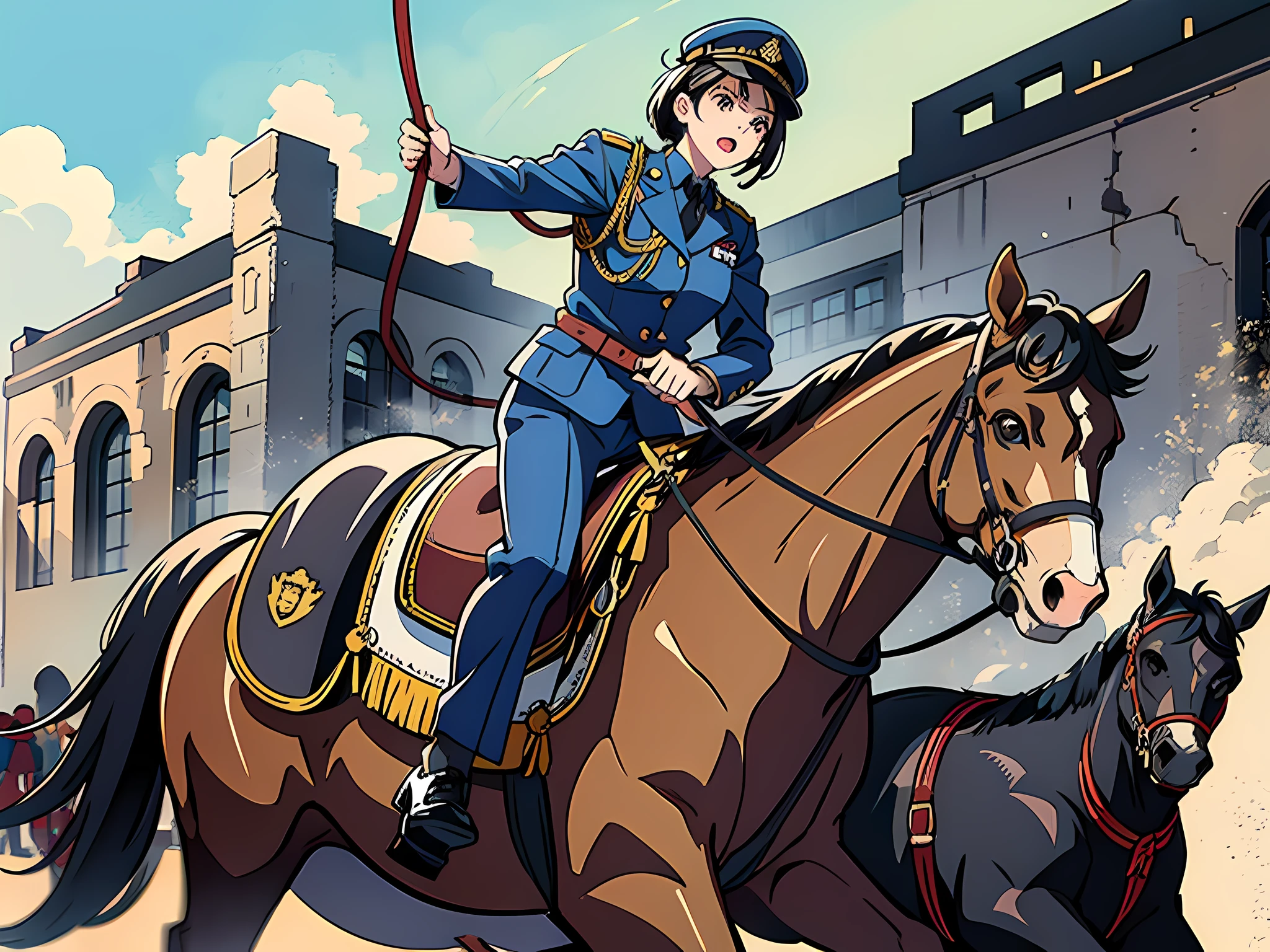 1 officers and soldiers, riding horses, with whips in their hands, with their mouths open, roared