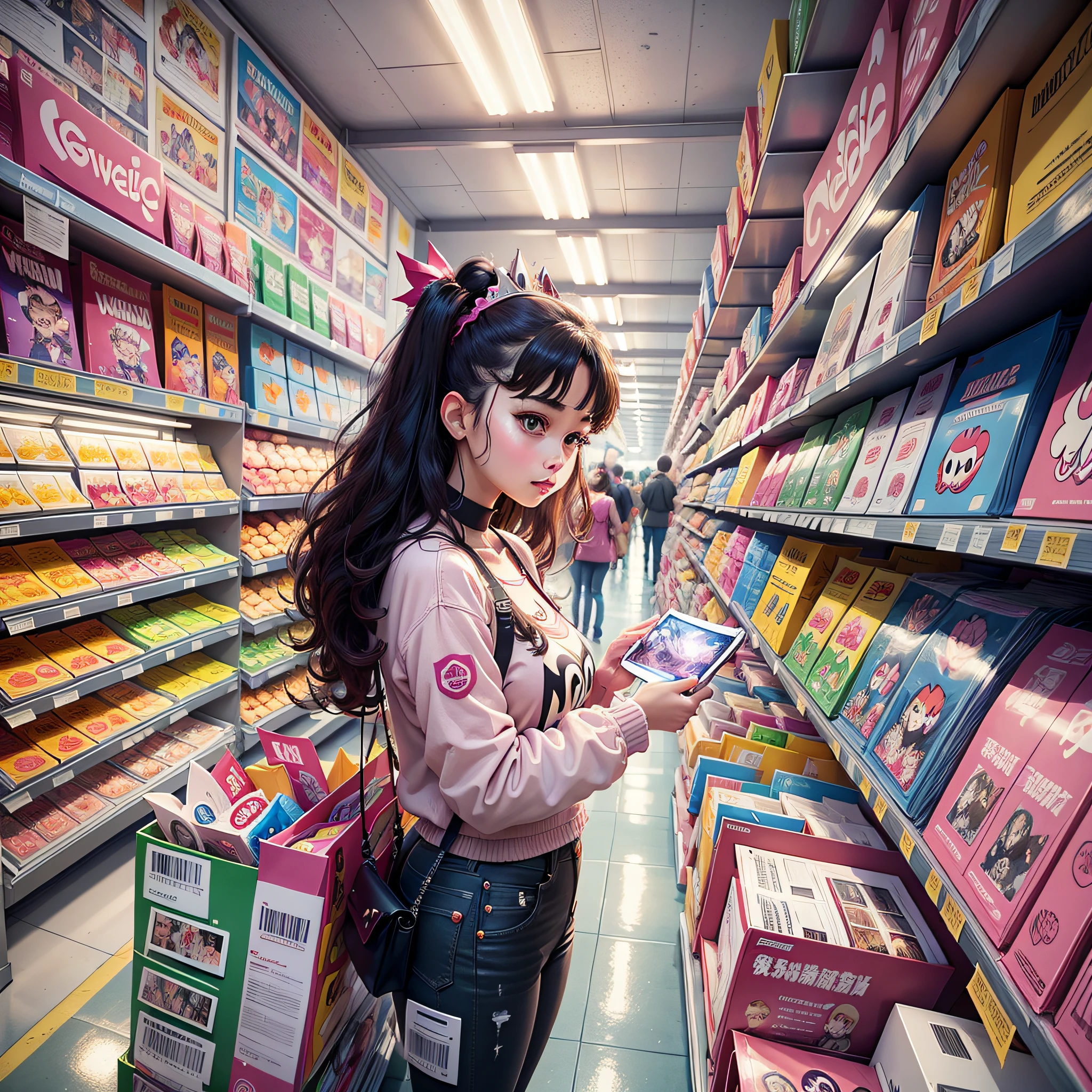 Shoppers buying some items, Angelwave, Magewave, Carnivalcore, Princesscore, Lo-fi, Mario, Coverflow image cover art, Webcomic cover art, intricate detail, deeply real, looks extremely real --auto --s2