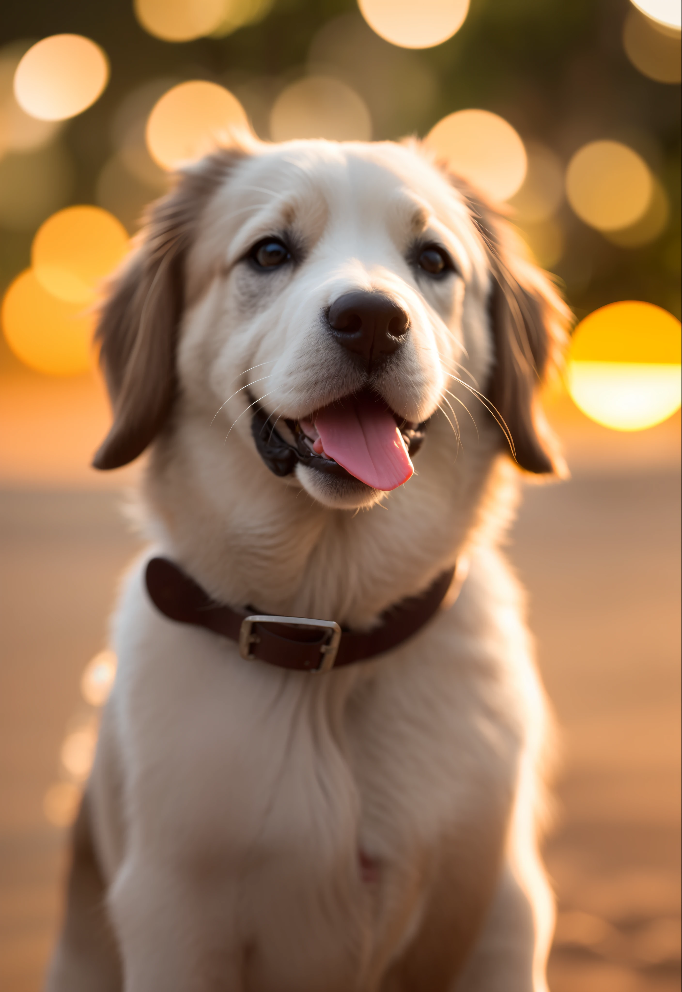 Close-up photo of a happy dog's face, sunset, 80mm, f/1.8, dof, bokeh, depth of field, subsurface scattering, stippling