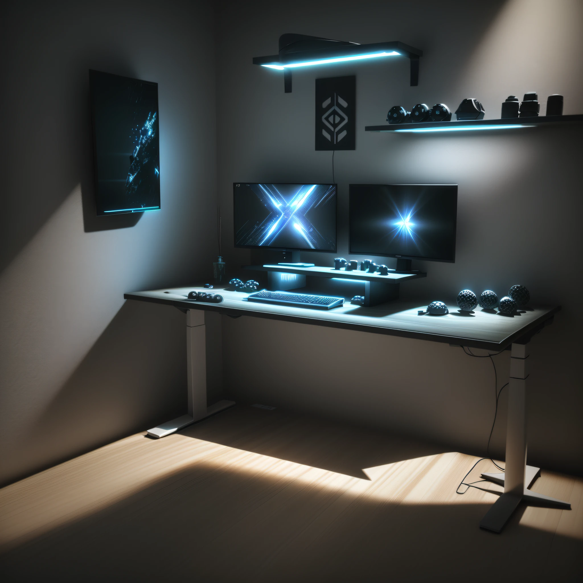 there is a desk with a computer monitor and a keyboard on it, gamer screen on metallic desk, 3 d render even lit, videogame 3d render, 3 d videogame render, ambient lighting highly detailed, gaming room, soft lighting 8 k resolution, soft lighting 8k resolution, gaming table, highly detailed 3 d render, highly detailed 3d render