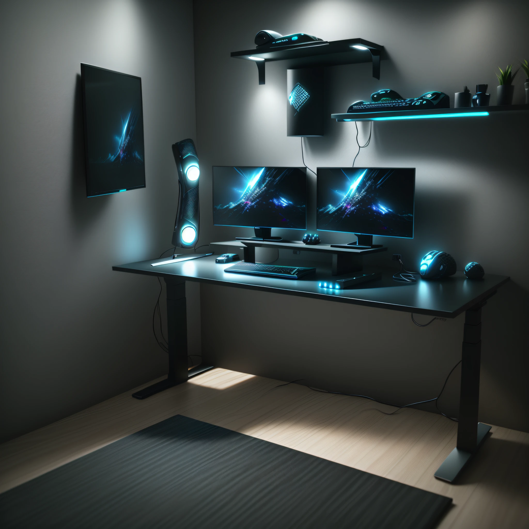 there is a desk with a computer monitor and a keyboard on it, gamer screen on metallic desk, 3 d render even lit, videogame 3d render, 3 d videogame render, ambient lighting highly detailed, gaming room, soft lighting 8 k resolution, soft lighting 8k resolution, gaming table, highly detailed 3 d render, highly detailed 3d render