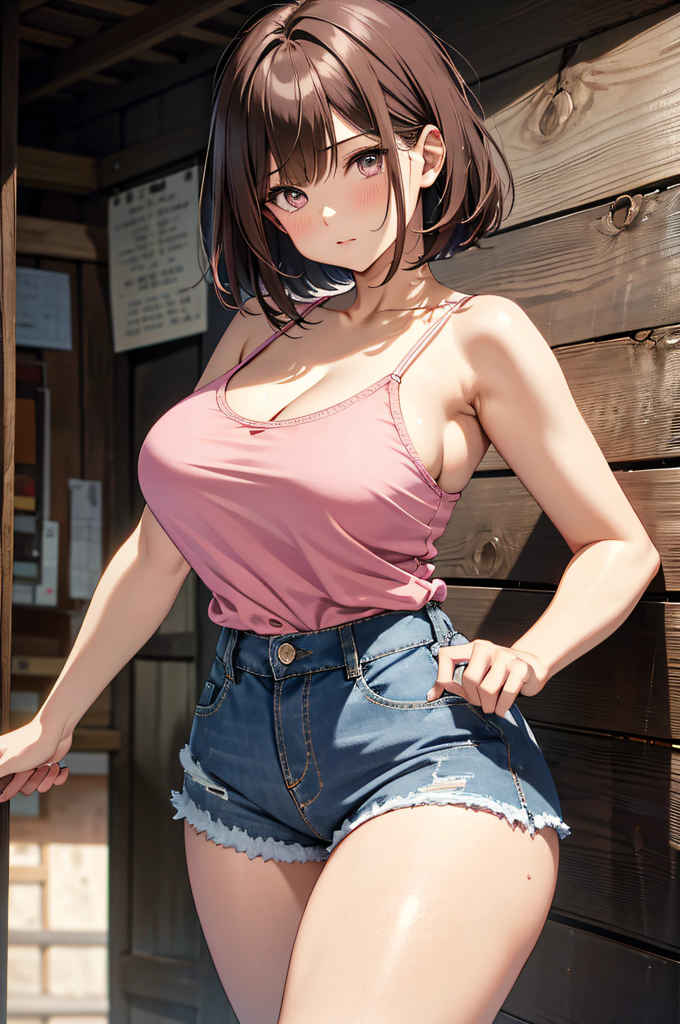 anime - style image of a woman in a pink top and denim shorts, seductive anime girl, casual pose, makoto shinkai and artgerm, oppai proportions, photorealistic anime girl render, makoto shinkai. digital render, attractive anime girl, realistic anime 3 d style, realistic shaded perfect body, small curvy , makoto shinkai style