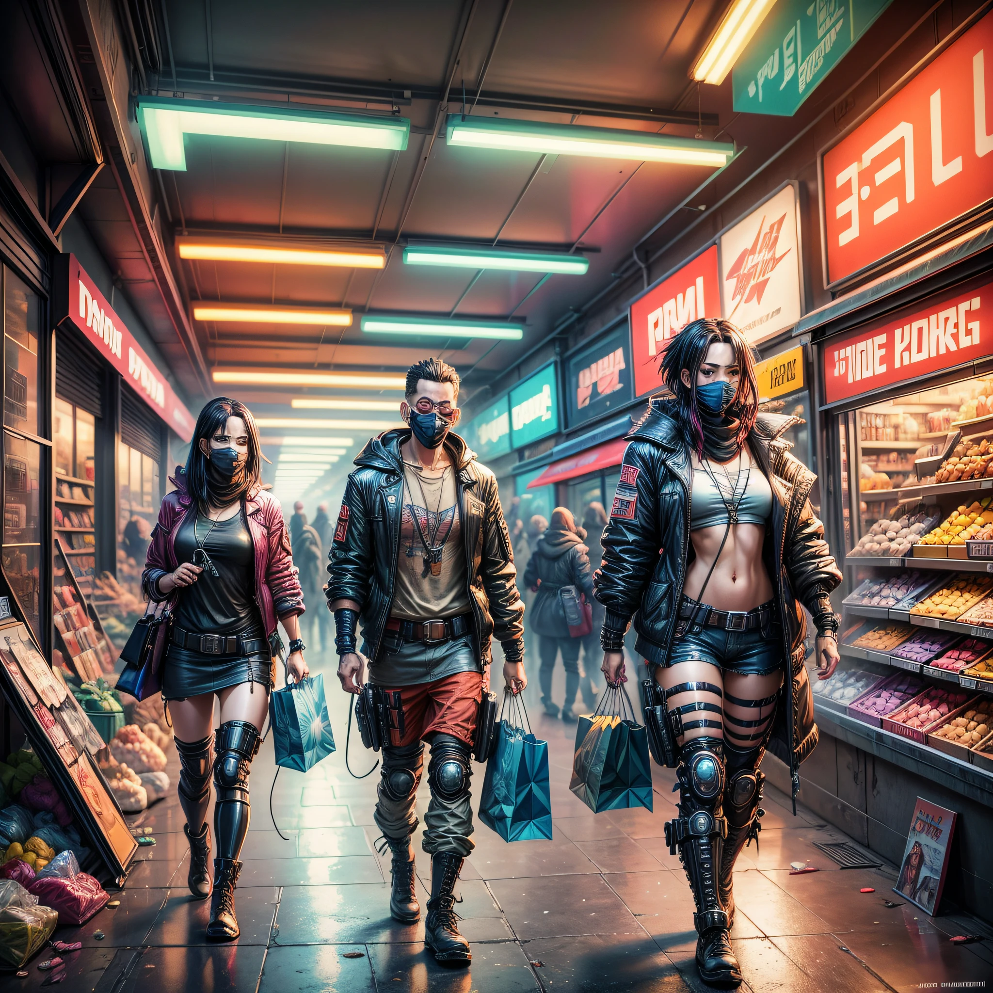 A group of shoppers buying some items in a dystopian cyberpunk market, illustrated by John Romita Jr, with a vibrant color palette, and exaggerated anime style, realistic shading, dramatic lighting, hyper-detailed backgrounds, trending in Artstation. --auto --s2