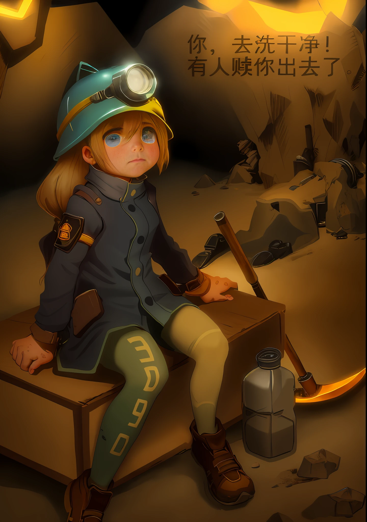 Cute in miner's uniform child laboritting on dirty wooden box, tears, runny nose, faint glow from headlamp, dark mine cave in the background, injured fellow miner kneeling on the ground, squatting on the ground, thong pickaxe, movie lighting, ultra clear, 32k, masterpiece, real skin