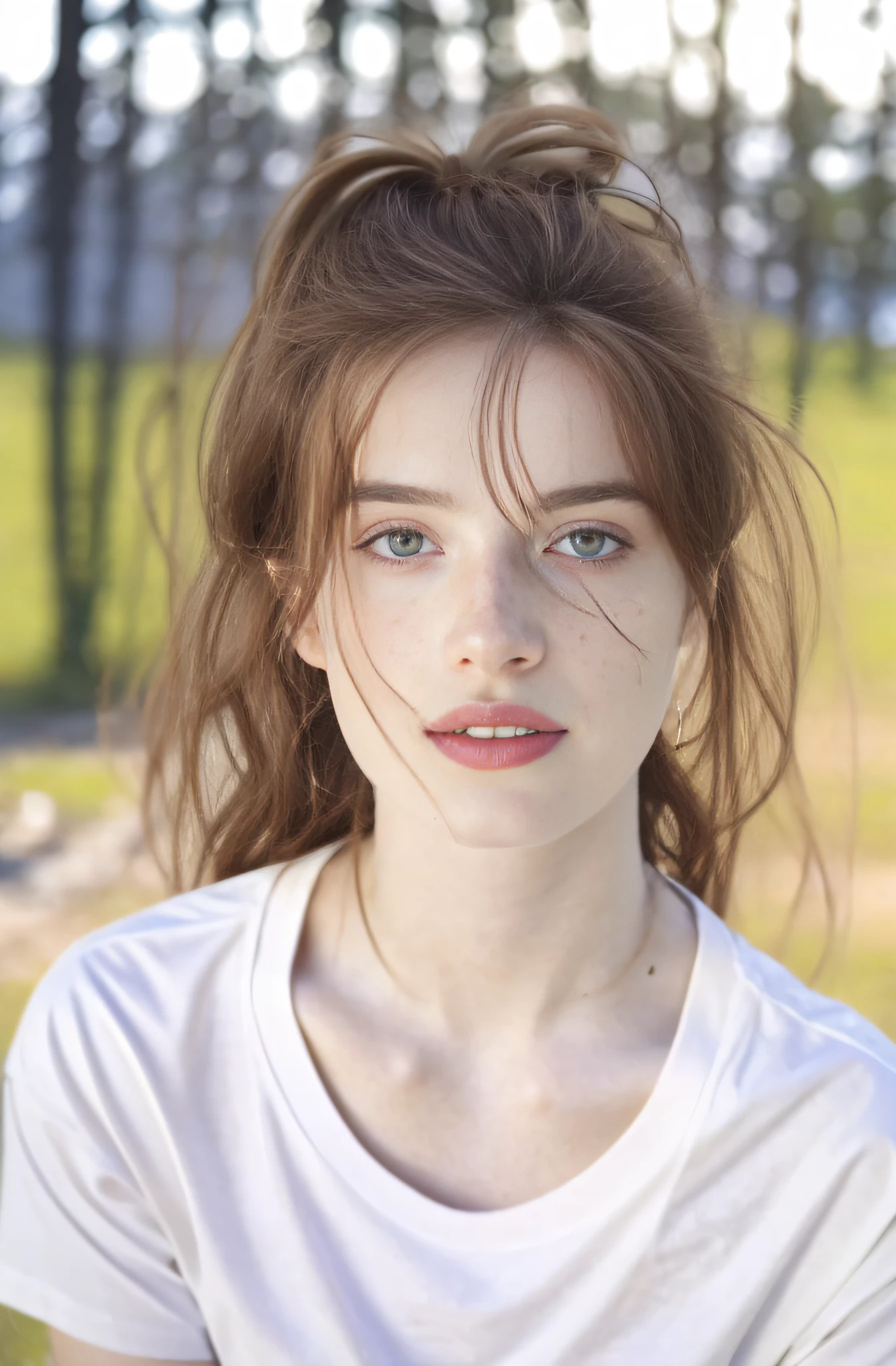 Detailed and realistic photography of a woman with freckles, round eyes and messy hair, shot outside, wearing a white t shirt, skin texture, chapped lips, soft natural lighting, portrait photography, 85mm lens, magical photography, dramatic lighting, photo realism, ultra-detailed, Cinestill 800T