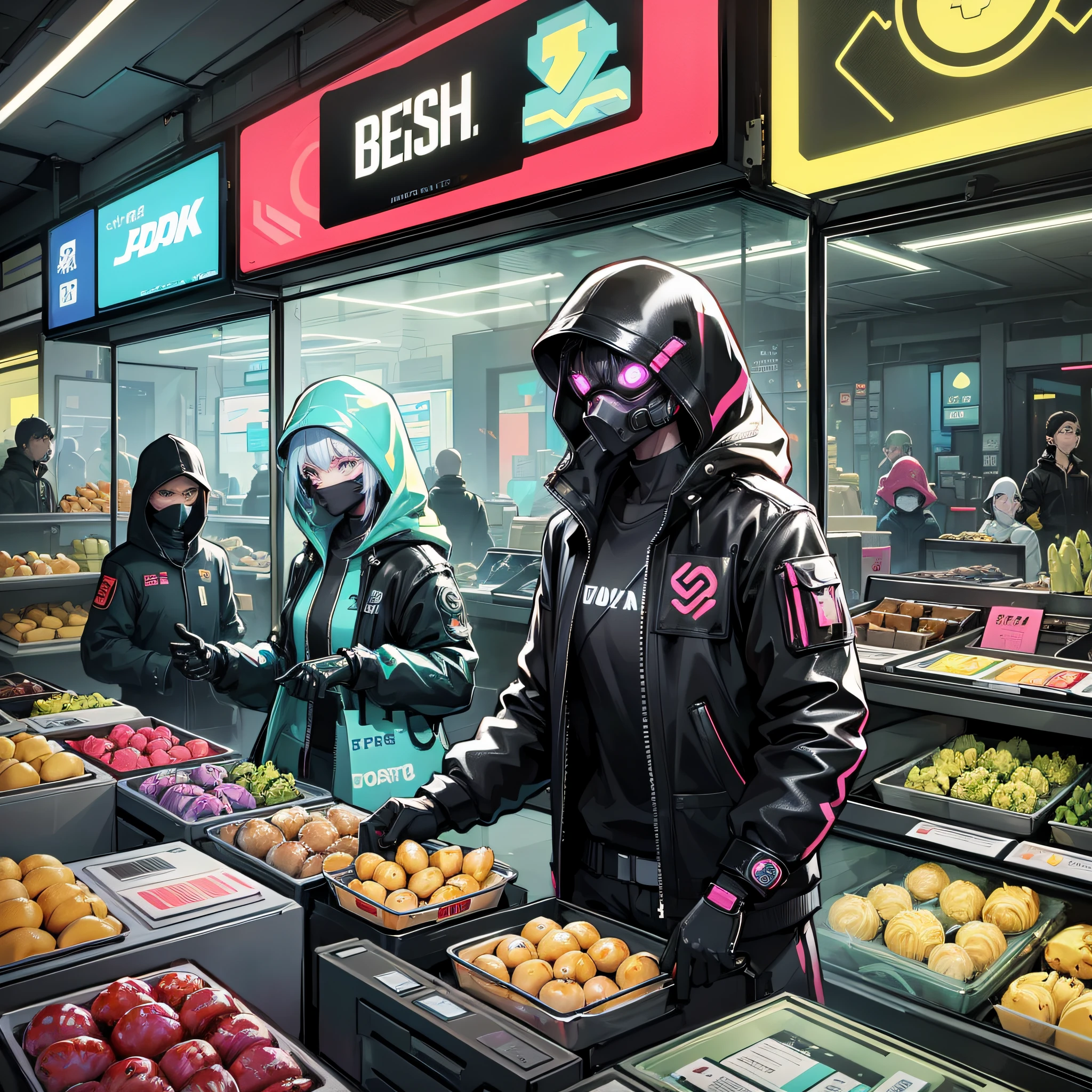 A group of shoppers in a futuristic dystopia, buying some items in a neon-lit store, with a cyberpunk aesthetic, illustrated by Simon Stålenhag and Patrick Brown. The artwork should be highly detailed and have a cinematic lighting look, with a focus on the shoppers' facial expressions and movements as they go about their daily activities. --auto --s2