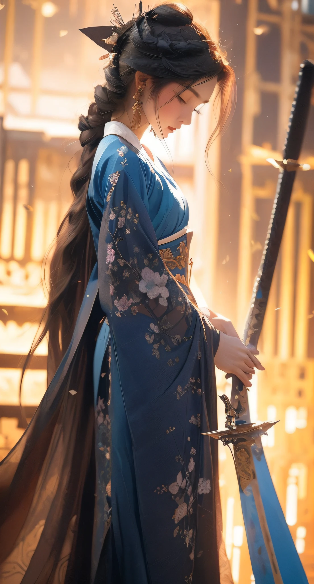 a woman in a blue dress holding a sword and a hat, she is holding a sword, she is holding a katana sword, palace , a girl in hanfu, holding a sword on her shoulder, beautiful character painting, beautiful sword, long sword in her hand, holds a sword, while holding a sword, artwork in the style of guweiz