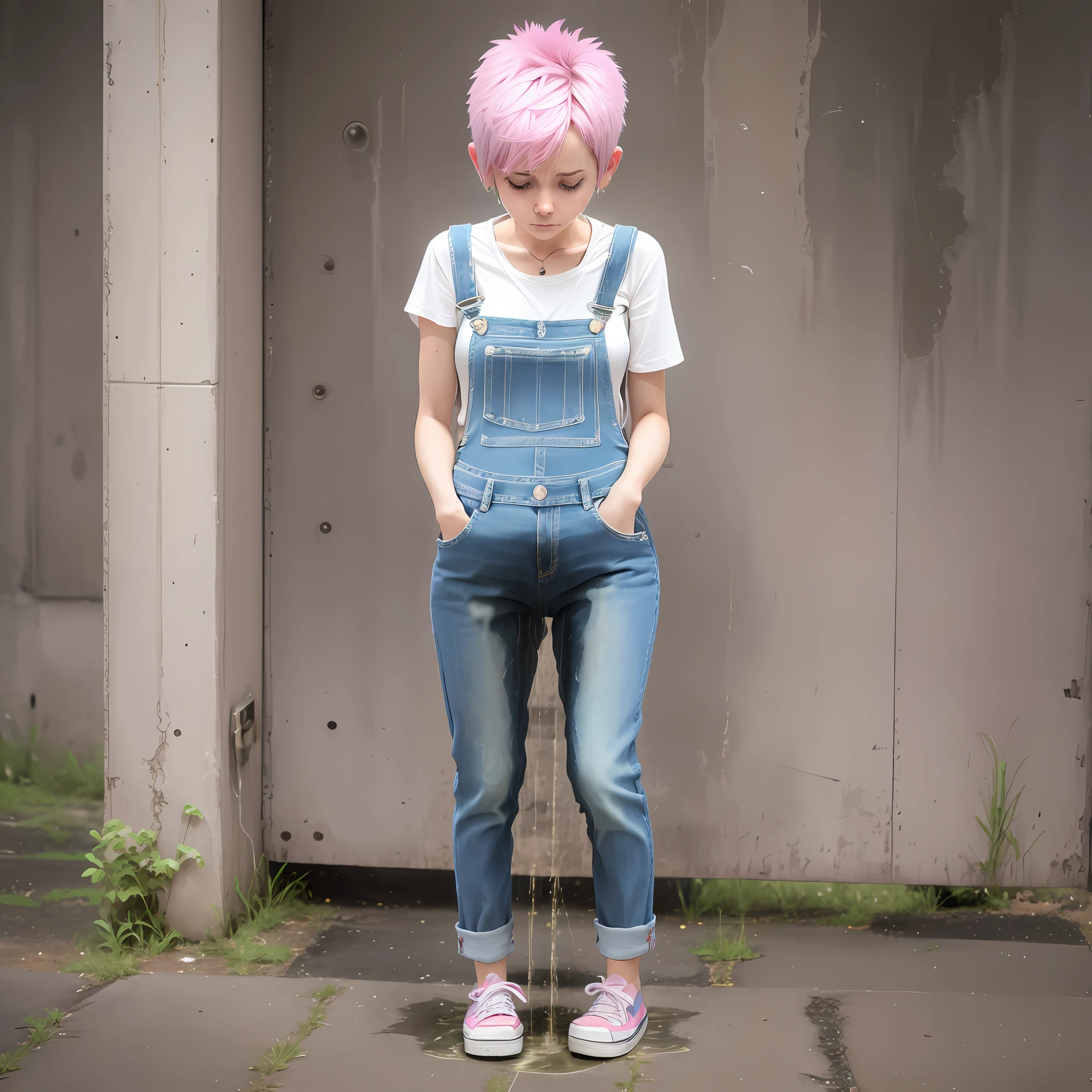 woman, pink pixie cut hair, baggy blue denim dungarees, white tank top, platform sneakers, ((peeing stain)), worried, embarrassed, public, full body