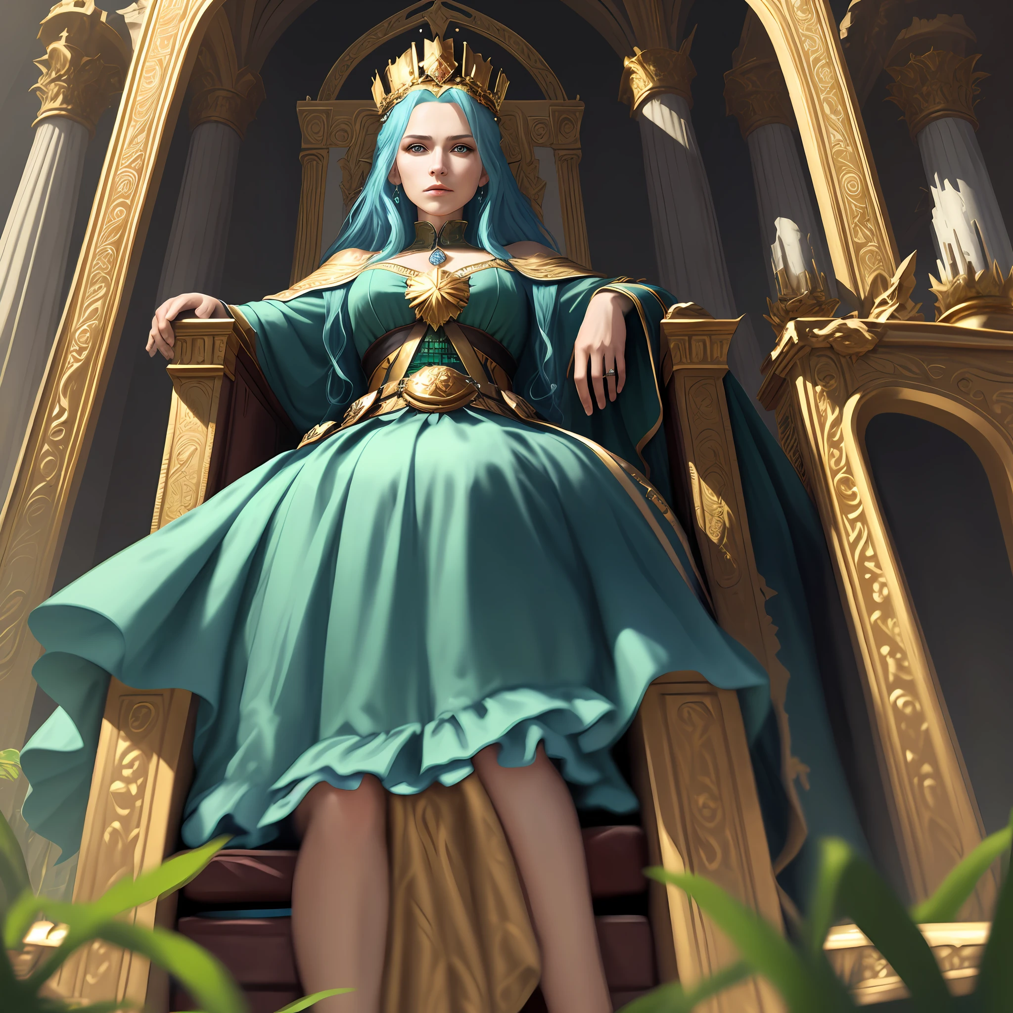 The portrait of a queen with a golden crown, blue hair, green eyes, very beautiful, sitting on her throne destroyed, scenery destroyed, blood flowing, looking at the viewer, very detailed, hyper realistic,8k,ultra hd