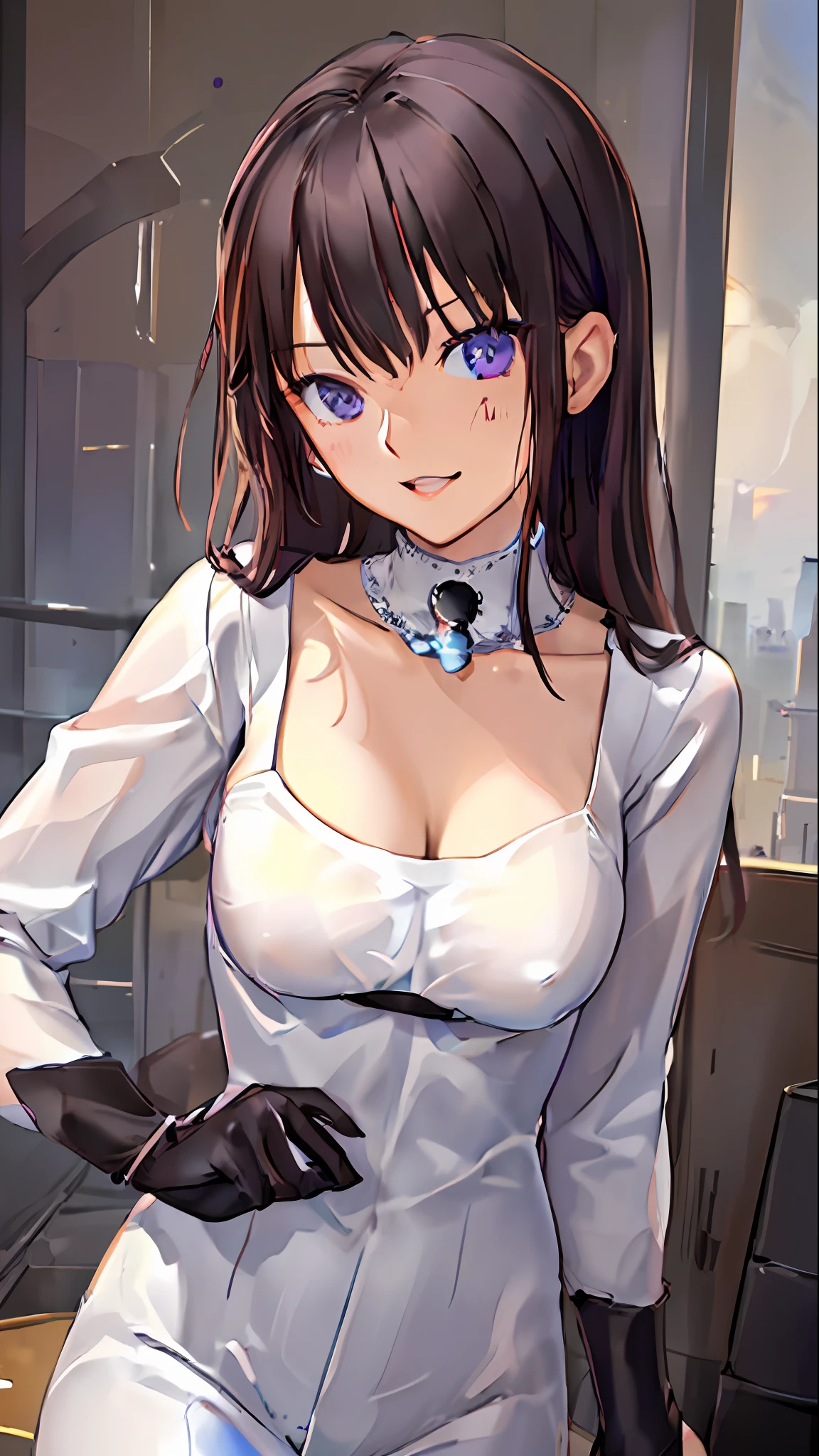 ((Midnight, Best quality, 8k, Masterpiece :1.3)), Whole body, Long legs, Sharp focus :1.2, A pretty woman with perfect figure :1.4, Slender abs :1.1, ((Dark brown hair, Big breasts :1.2)), (White tight tshirt, Jean bib, Standing:1.2), ((Night city view, Rooftop:1.3)), Highly detailed face and skin texture, Detailed eyes, Double eyelid