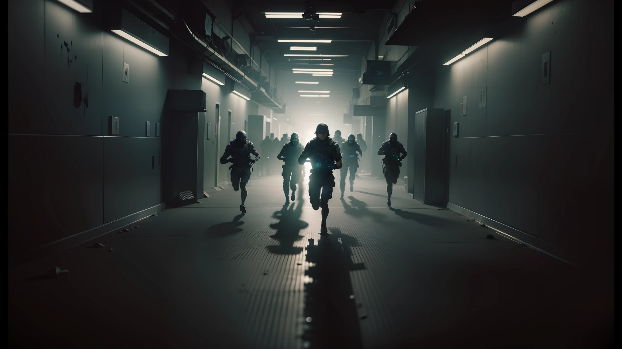 there are many people walking down a dark hallway together, nvidia promotional image, people running in fear, soldiers running, 2 0 2 1 cinematic 4 k framegrab, escape from tarkov, cinematic keyframe, cgsociety 9, cinematic cgsociety, people running, keyframe, from a 2 0 1 9 sci fi 8 k movie, people running away, chasing action scene --auto --s2