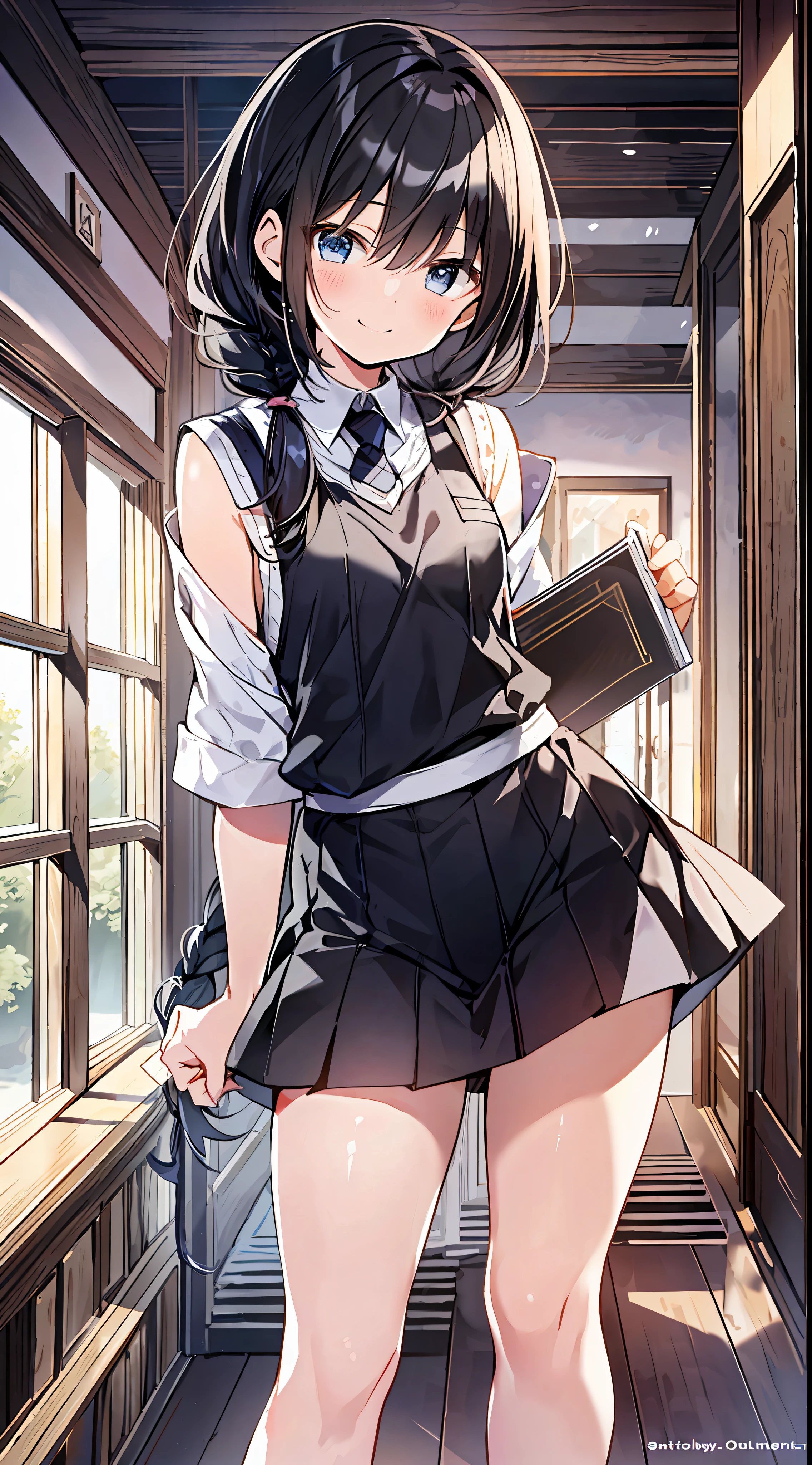 Top Quality, Best Masterpiece, Ultra High Resolution, 8K, White Sweater Vest, Little in Anime Style, Single, Ultra Detailed Line Art, Digital Enhancement, Anime Core, Flowing Fabric, Close Up, ((Hair length to shoulder mouth and short braid)), staring at us from the front, soft drawing, beautiful black hair, Loliisp eyes, smiling smile, Ultra-detailed digital anime art, clear face depictions, ultra-detailed anime character art, ultra-detailed manga style, top quality colors, hand gestures, foot-up angles, indoor
