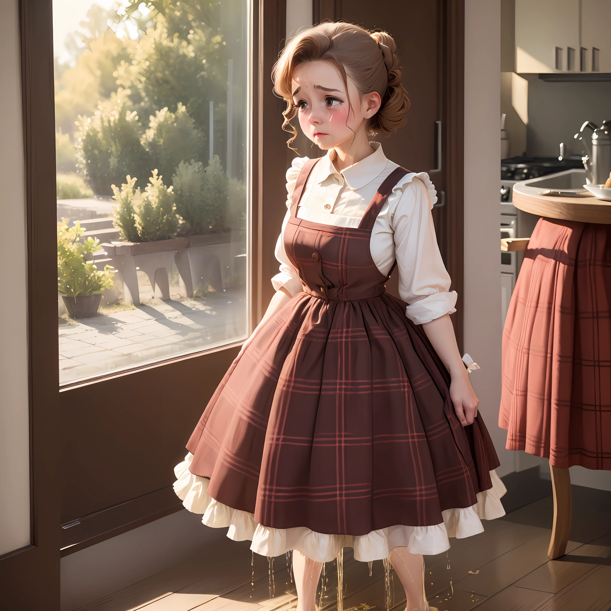 woman, brown updo hair, 1950's red plaid pinafore dress, white puffy petticoat, ((peeing stain)), worried, embarrassed, housewife, crying, full body