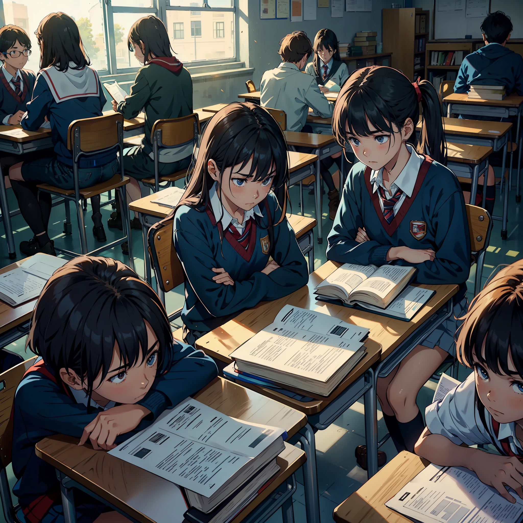 A group of students sat in the classroom, flipping through books, frowning, both male and female