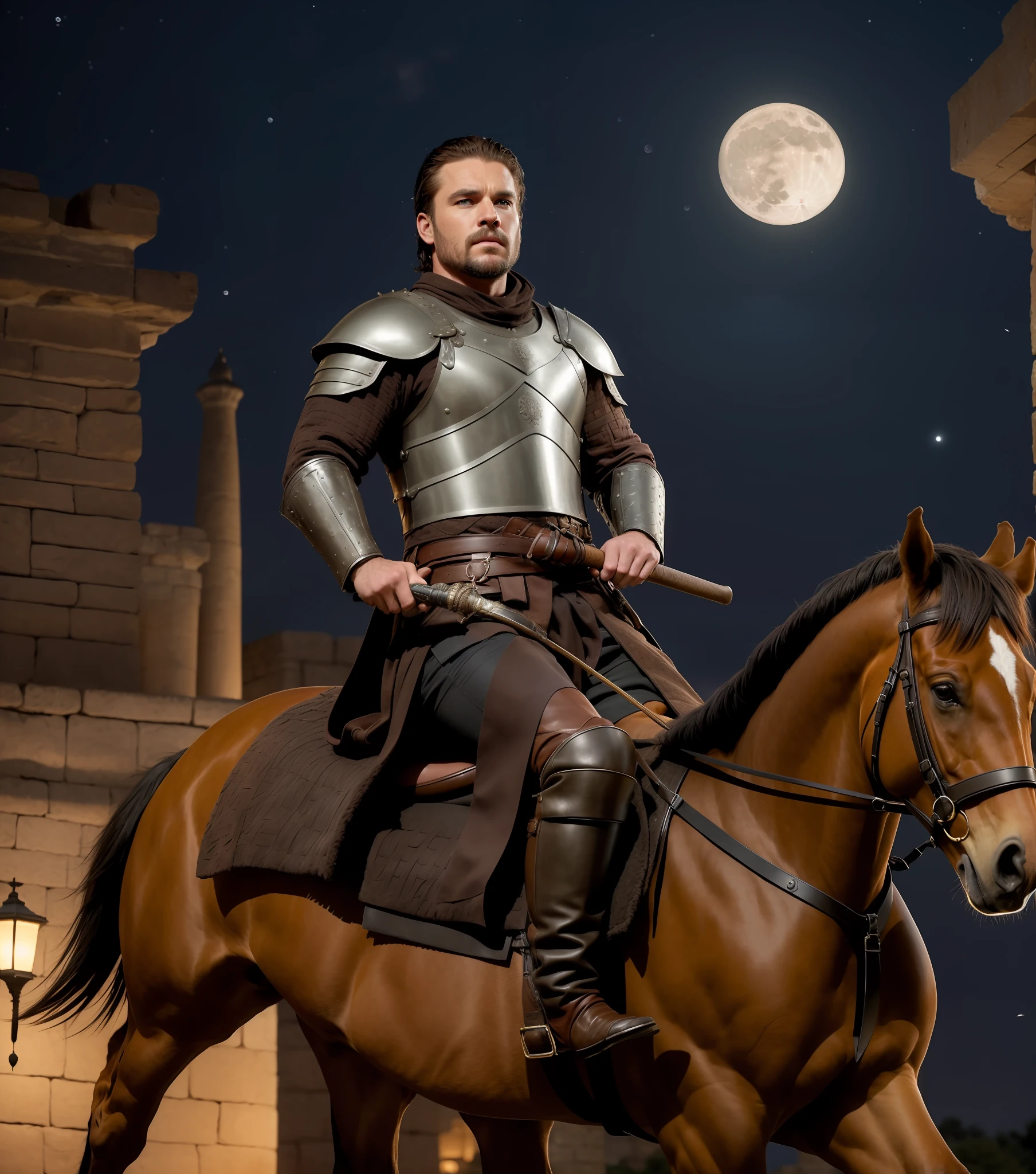 A warrior man ,game of thrones clothes style,large fatty body,(covered, masterpiece, ultra high res, photorealistic, 4k,detailed face,full body,(dark yellow modern police uniform),hand on, perfect breast,large abs,hold power red sword smooth lighting,legs opened wide),in roof of ancient Pharoah tower at night,(night:1.4),light pulb,large brown shinny moon behind,(seductive look at camera,((riding a brown horse)),((male:1.4))