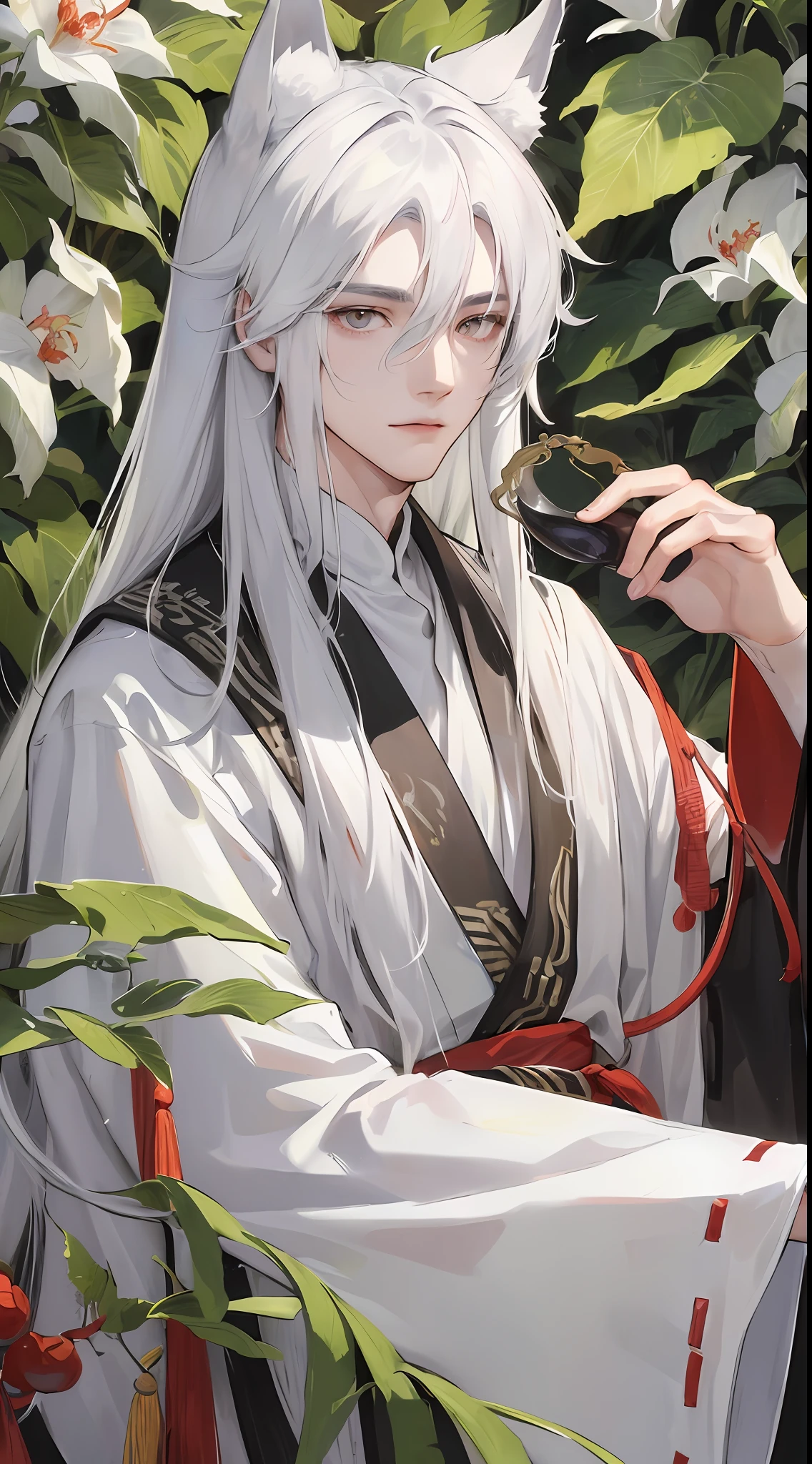 Masterpiece, Superb Painting, (Chinese Ink Painting), (Illustration), (1 person), Mature Man, Chinese Style, (Ancient Chinese Male), (White Fox and White Haired Boy), Silver Hair, (Long Hair), (Messy Hair), (White Hair), (Fox Ears), Handsome, (White Ancient Chinese Clothes), ((Fluttering Leaves)), Eyebrows A Little Red, Dark Gray, Hiroshi Yoshida, Closeup, (Forest Background), (Chiaroscuro)), Fine Facial Details, Facial Details, Movie Lighting, (Depth of Field), UHD, (upper body