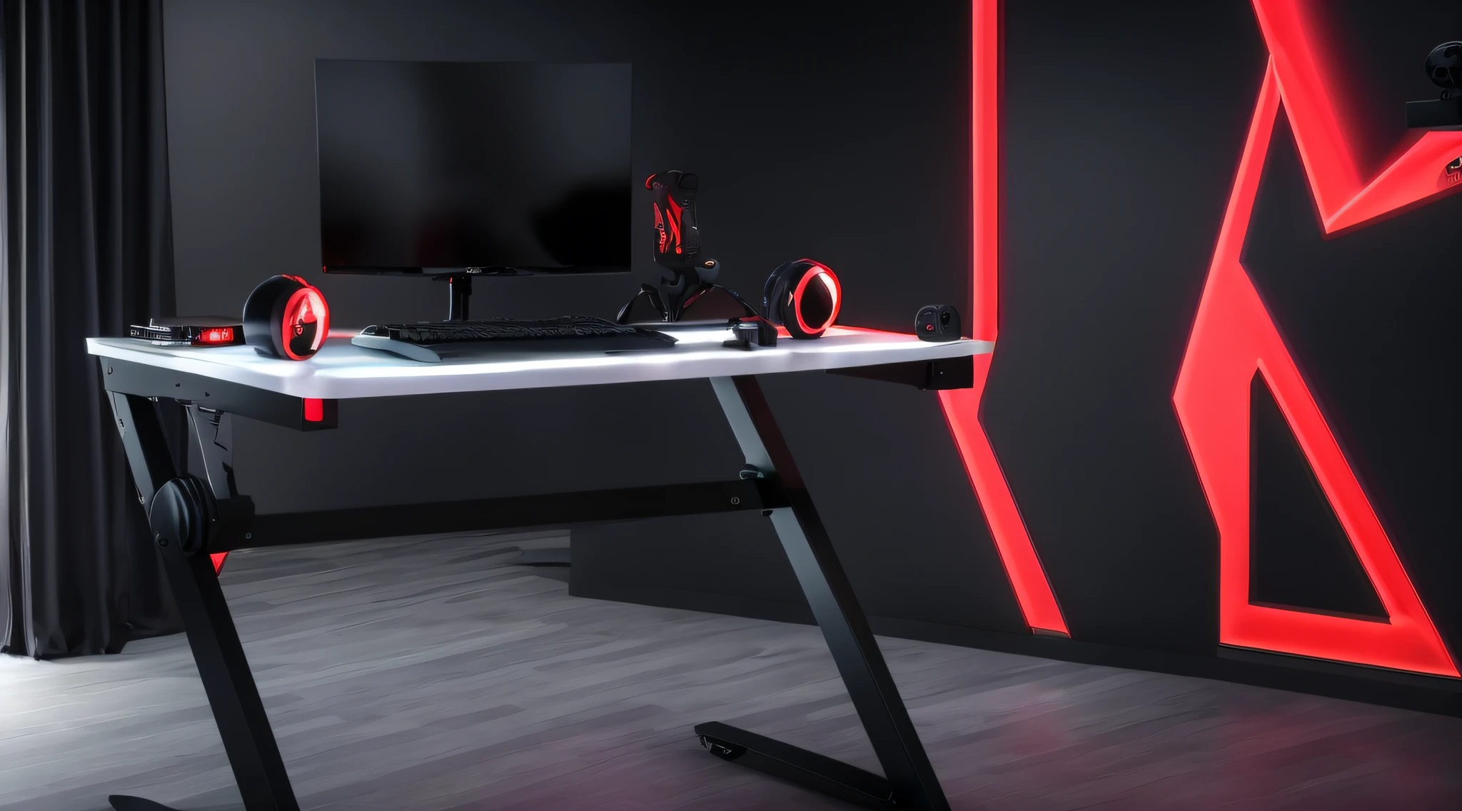 there is a computer desk with a monitor and a keyboard on it, gamer screen on metallic desk, gaming table, gamer themed, detailed wide shot, gaming room, black steel with red trim, gaming, console and computer, black and white and red colors, top angle view, long shot view, right angled view, it has a red and black paint