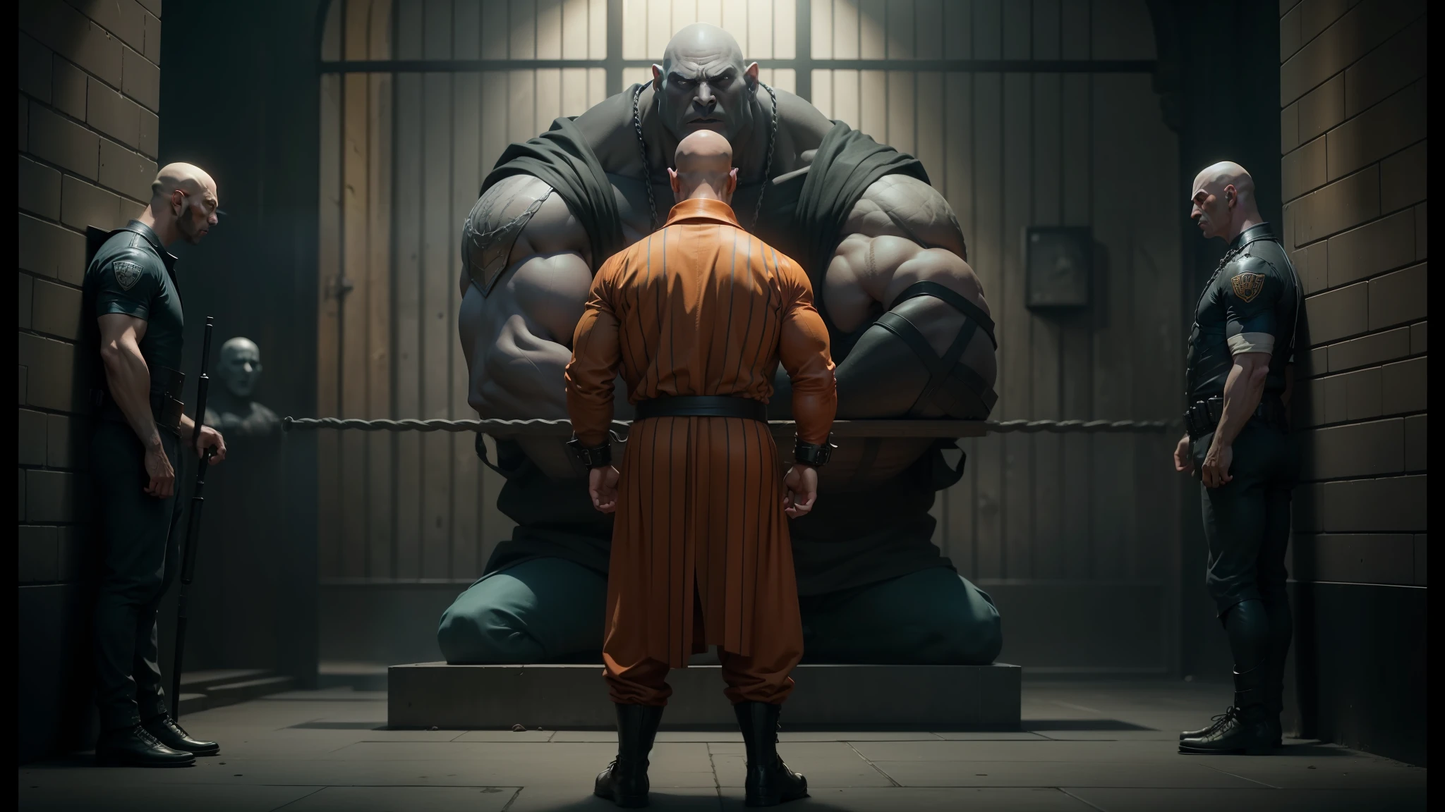 arafed man in orange prison outfit standing in front of a group of men, from netflix's arcane, prison scene, from the sandman netflix show, cgi art, arcane from netflix, prisoner, prison, baraka, still frame from a movie, film still of voldemort, cgi clay sculpture, wilson fisk, mindscape, screenshot from a movie --auto --s2
